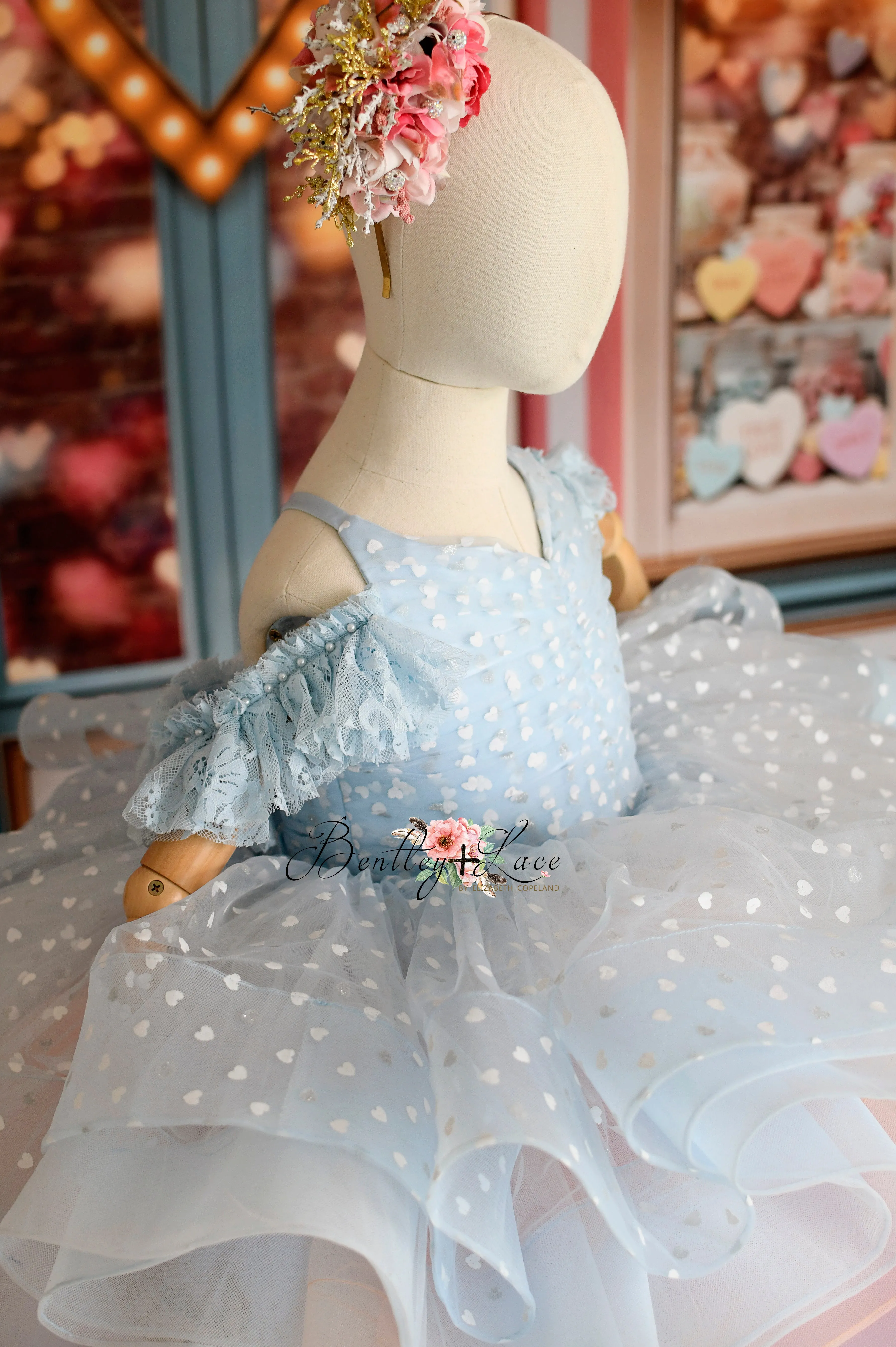 Sweet Talk - Blue Hearts   detachable skirt- petal length dress (6 Year - 7 Year up to a petite 8 year)