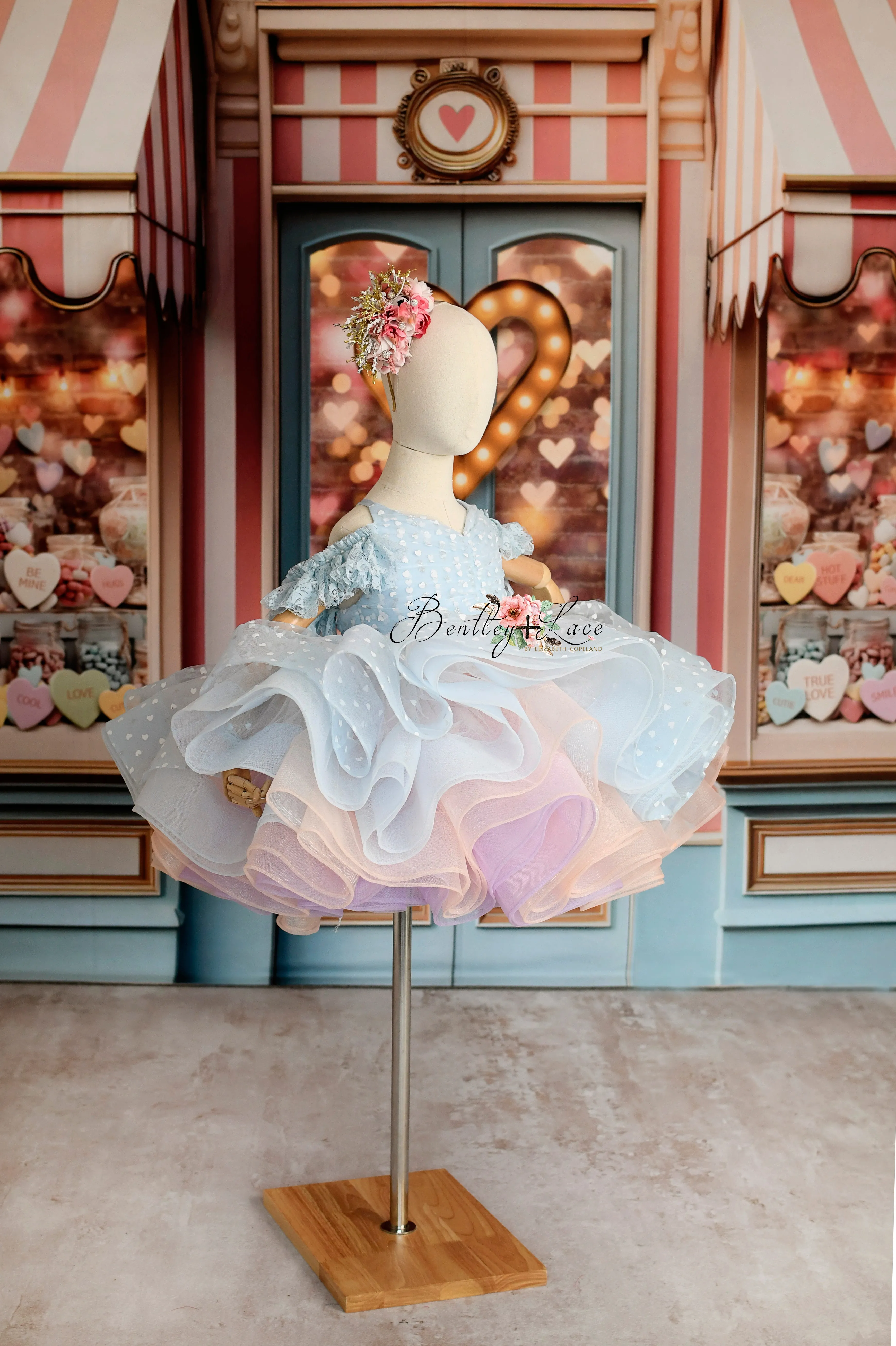 Sweet Talk - Blue Hearts   detachable skirt- petal length dress (6 Year - 7 Year up to a petite 8 year)