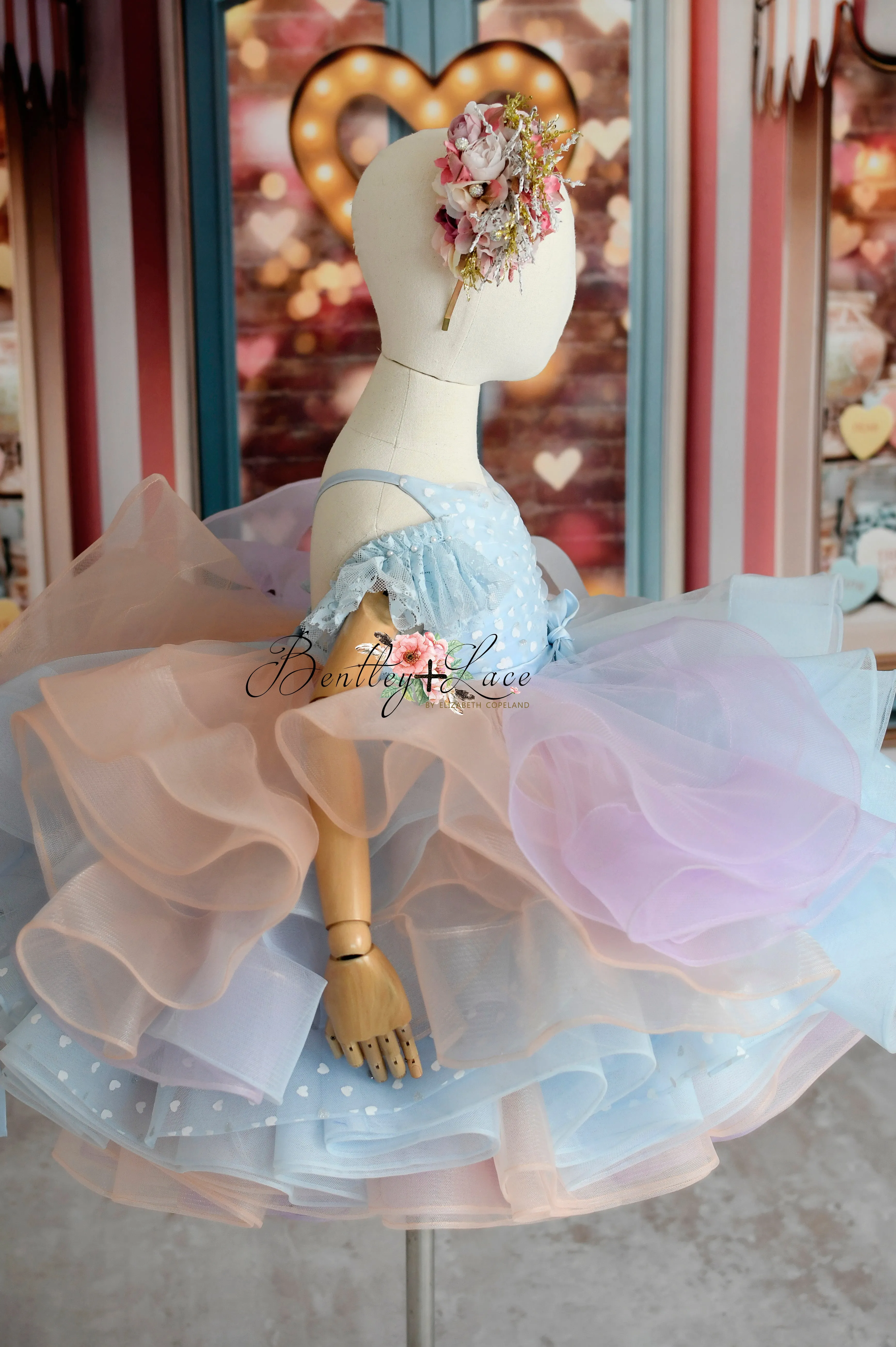 Sweet Talk - Blue Hearts   detachable skirt- petal length dress (6 Year - 7 Year up to a petite 8 year)