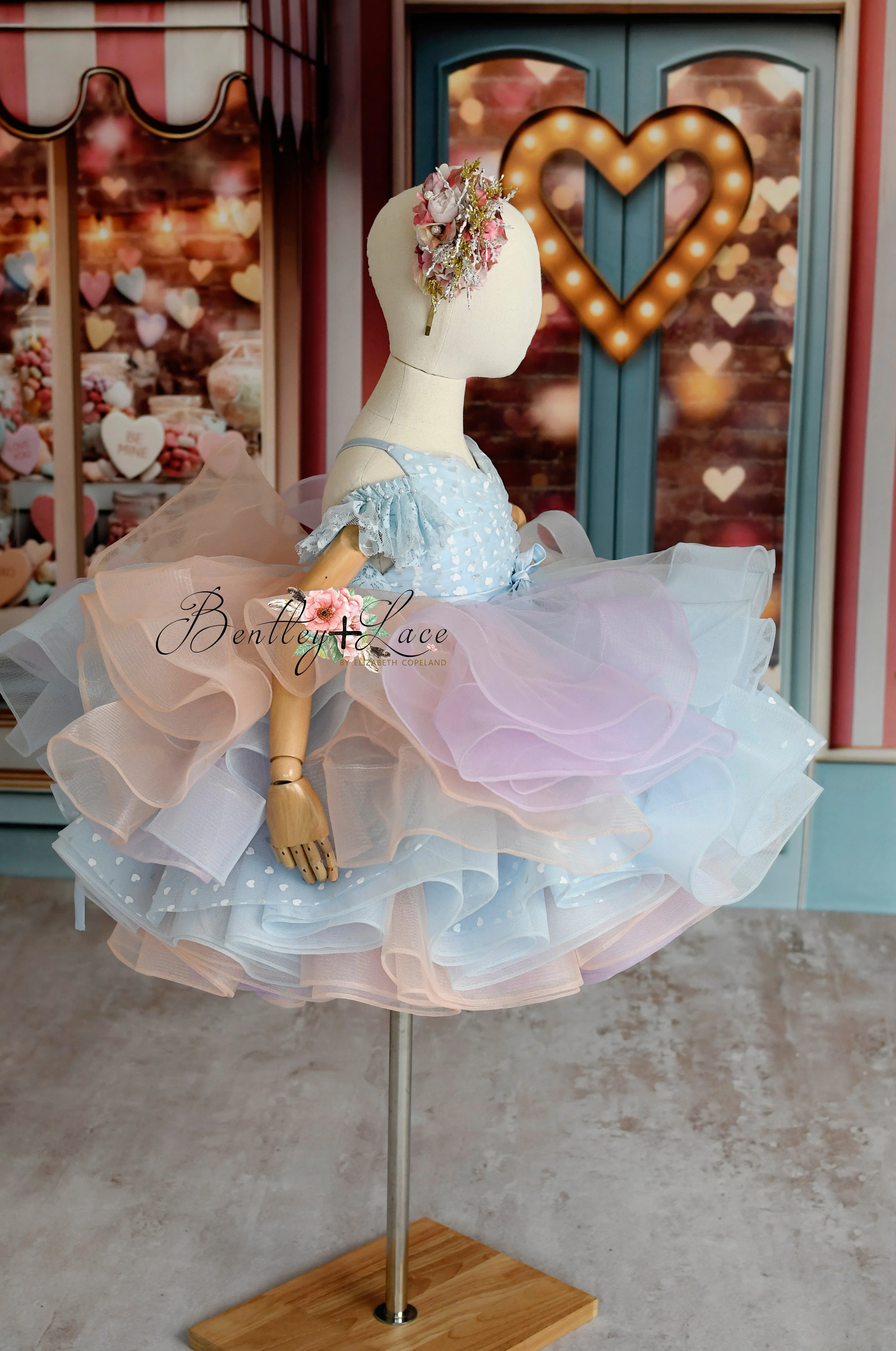 Sweet Talk - Blue Hearts   detachable skirt- petal length dress (6 Year - 7 Year up to a petite 8 year)