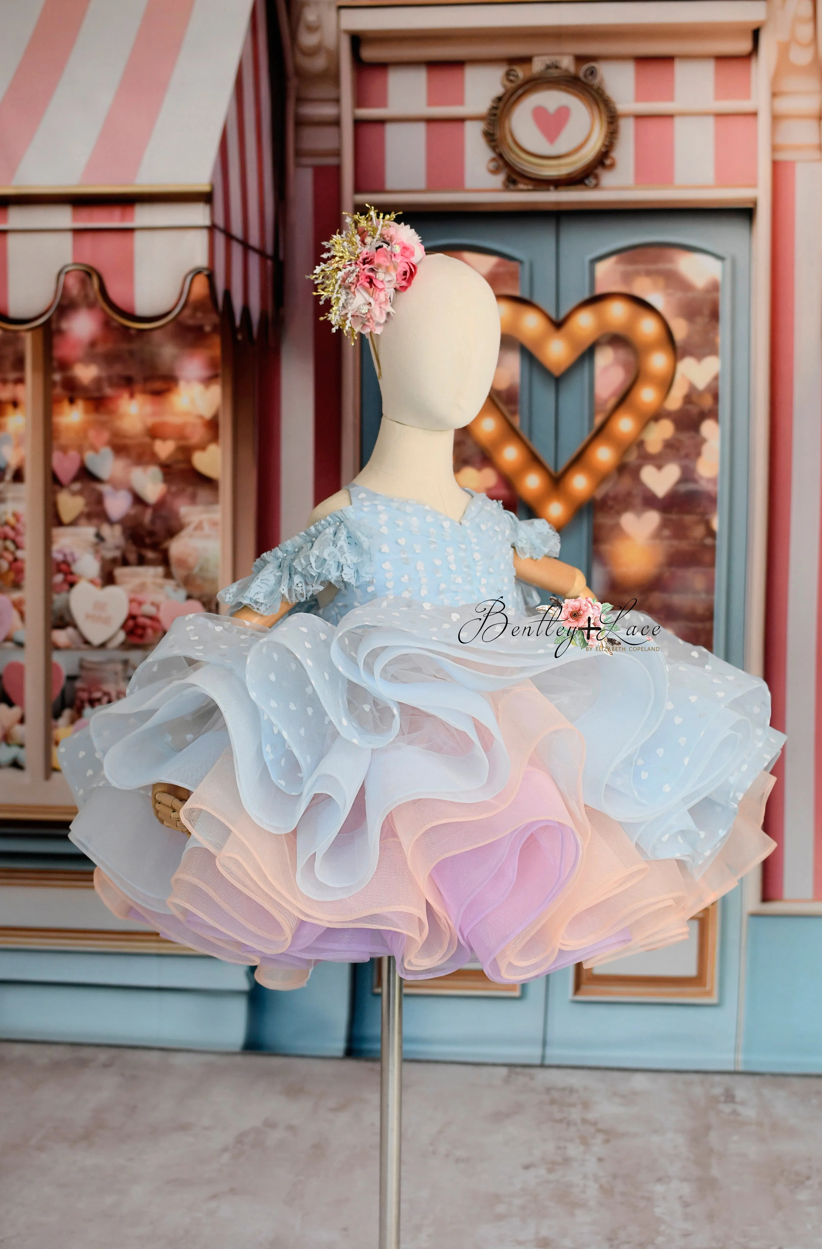 Sweet Talk - Blue Hearts   detachable skirt- petal length dress (6 Year - 7 Year up to a petite 8 year)