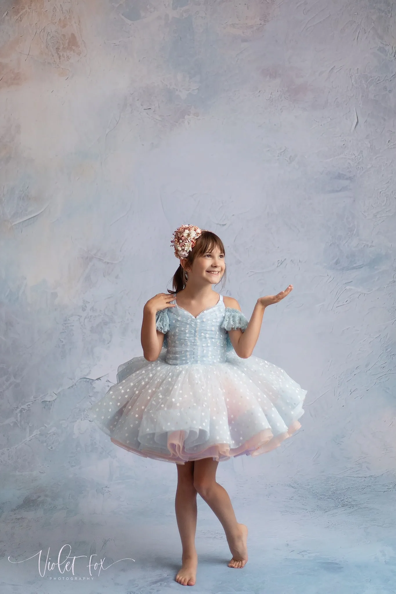 Sweet Talk - Blue Hearts   detachable skirt- petal length dress (6 Year - 7 Year up to a petite 8 year)