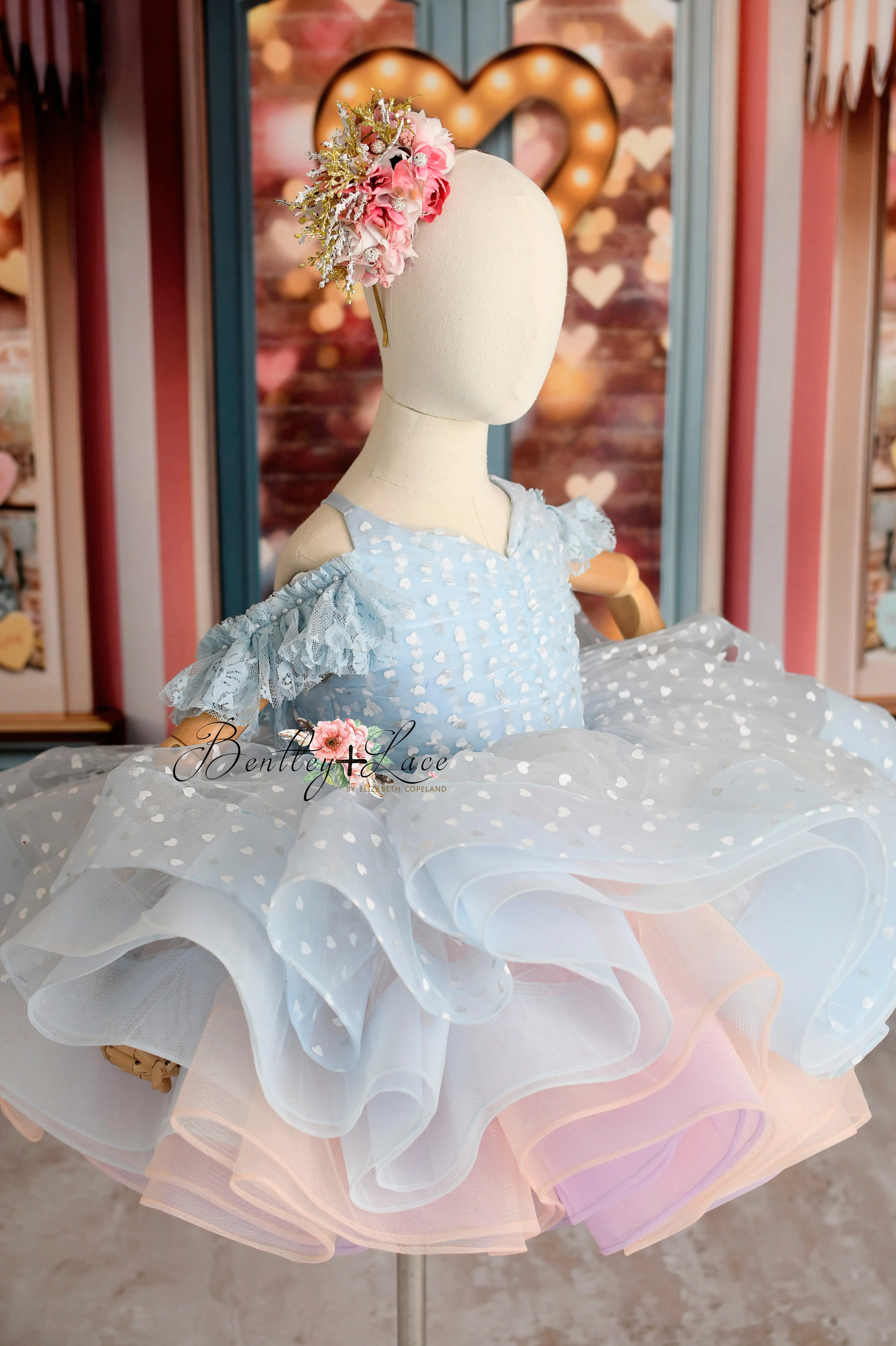 Sweet Talk - Blue Hearts   detachable skirt- petal length dress (6 Year - 7 Year up to a petite 8 year)