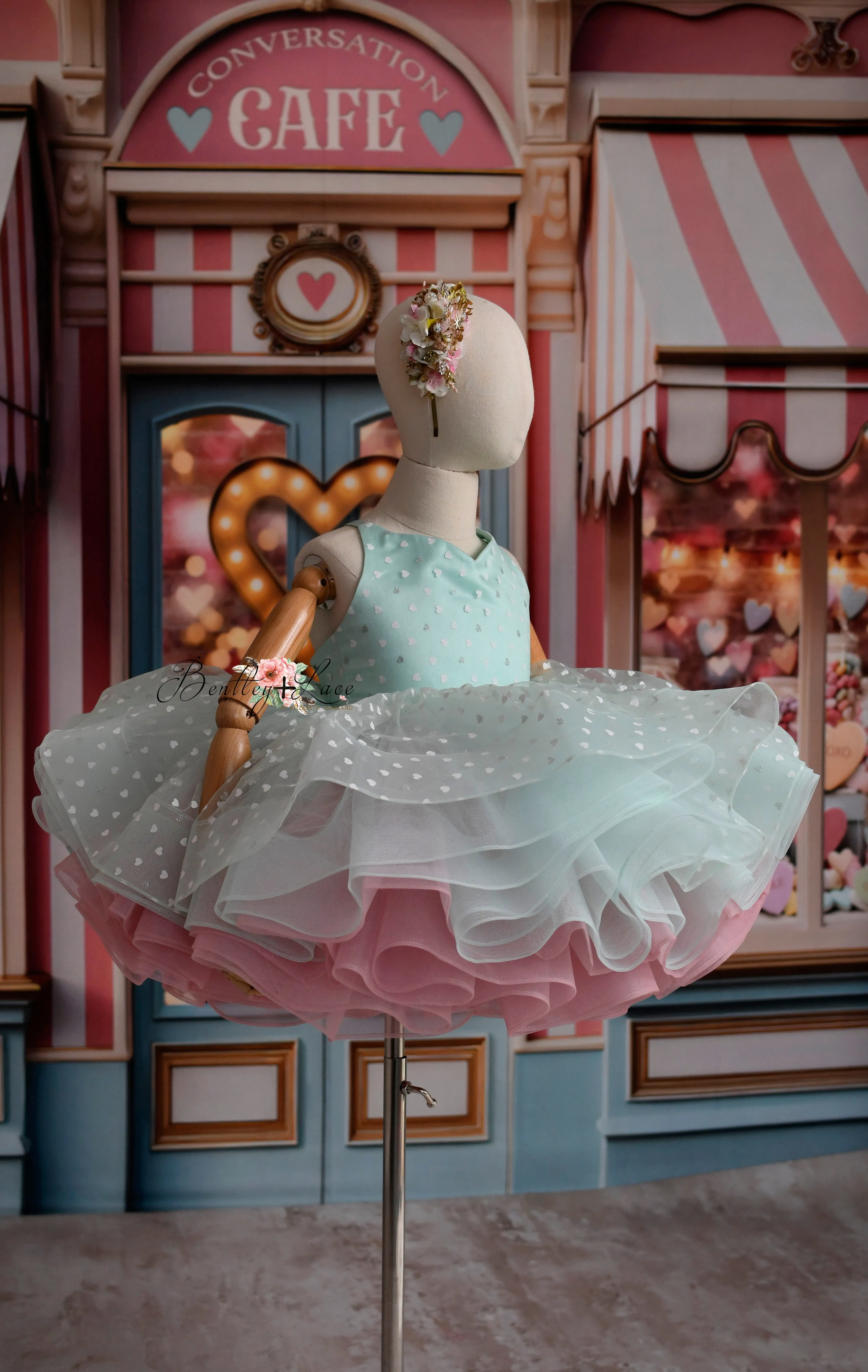 Sweet Talk - Seafoam Hearts- petal length dress  Heart CAPE (5 Year - 6 Year up to a petite 7 year)