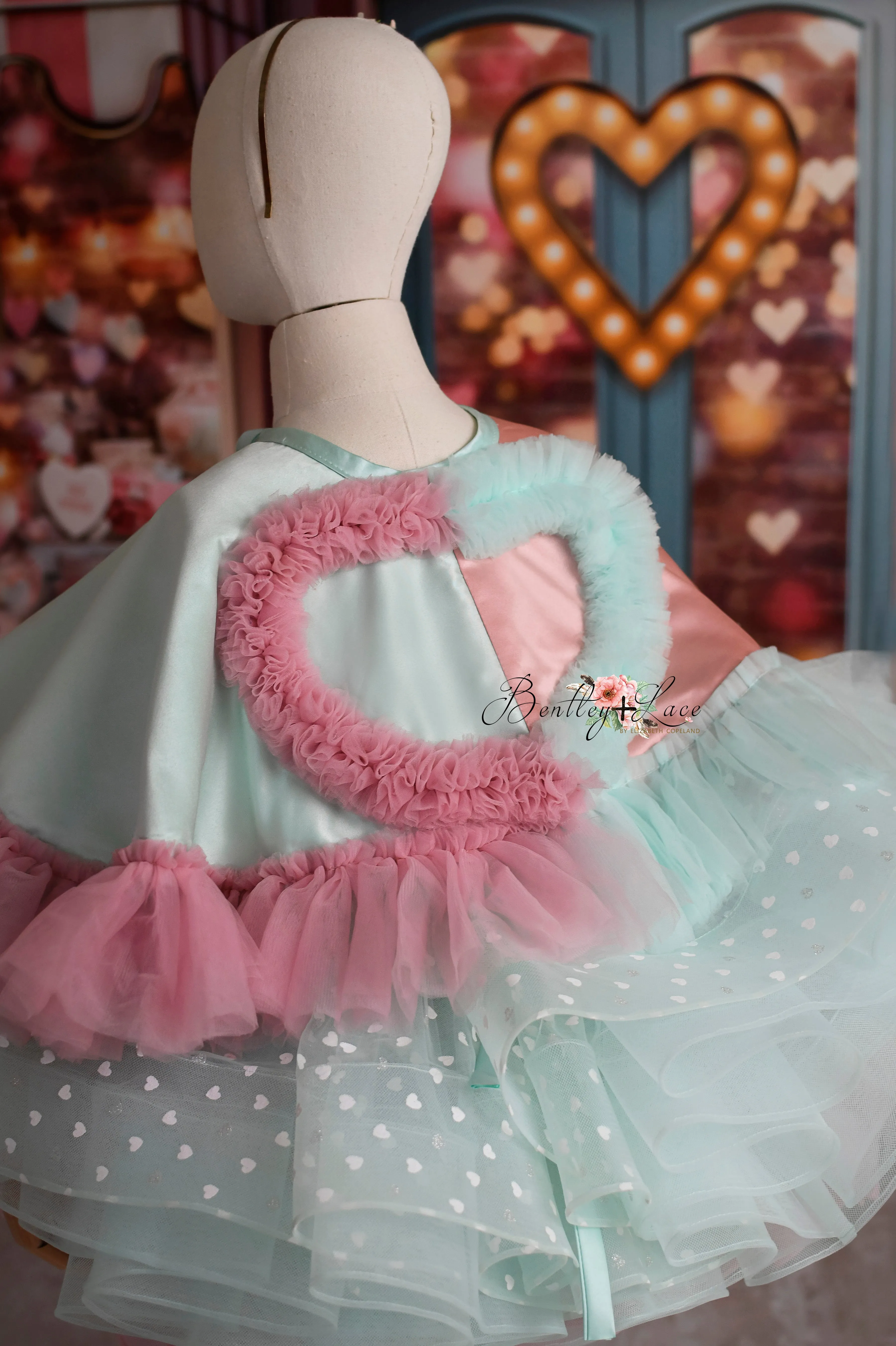 Sweet Talk - Seafoam Hearts- petal length dress  Heart CAPE (5 Year - 6 Year up to a petite 7 year)