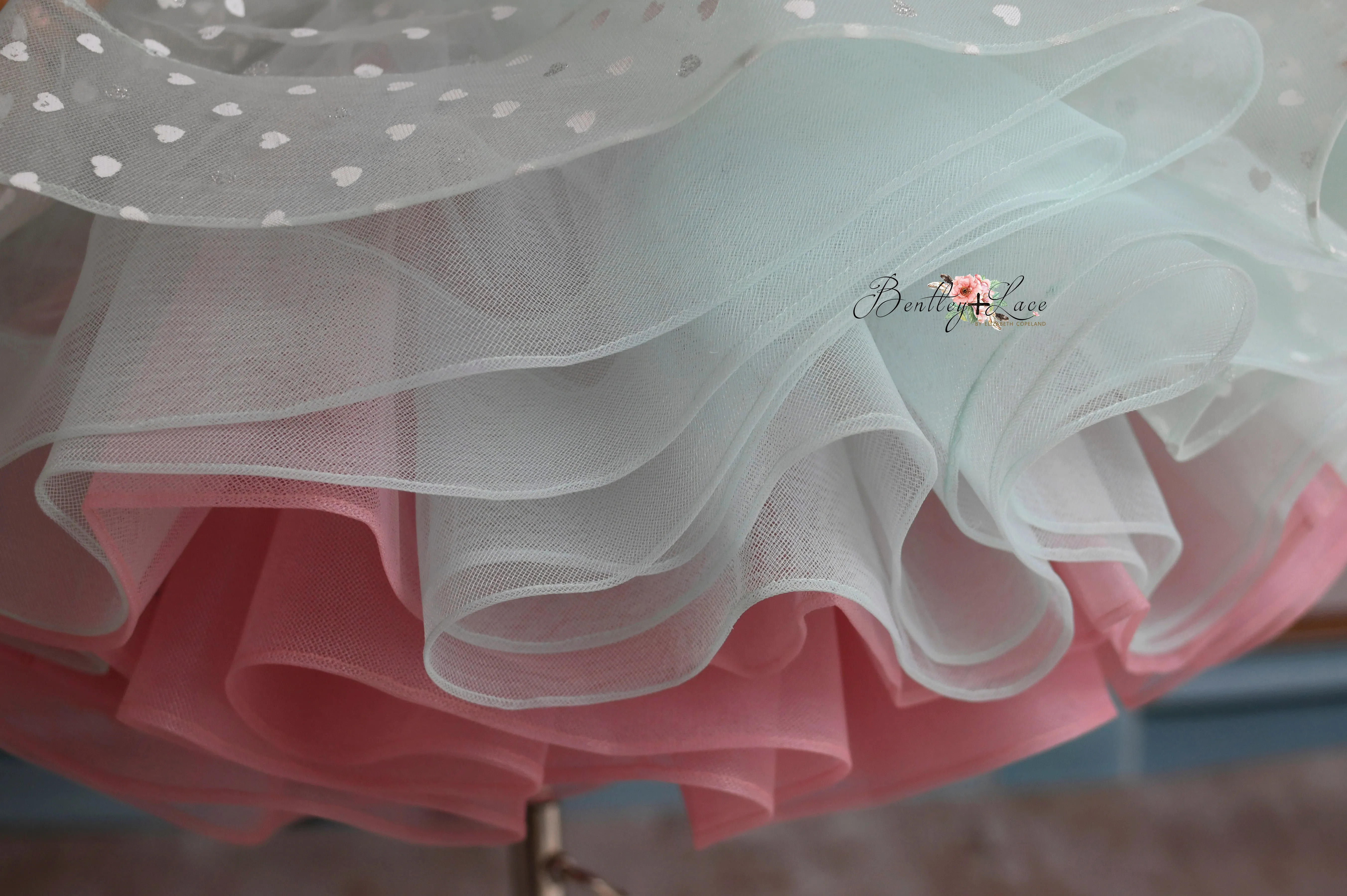 Sweet Talk - Seafoam Hearts- petal length dress  Heart CAPE (5 Year - 6 Year up to a petite 7 year)