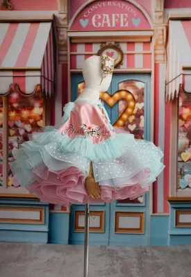 Sweet Talk - Seafoam Hearts- petal length dress  Heart CAPE (5 Year - 6 Year up to a petite 7 year)