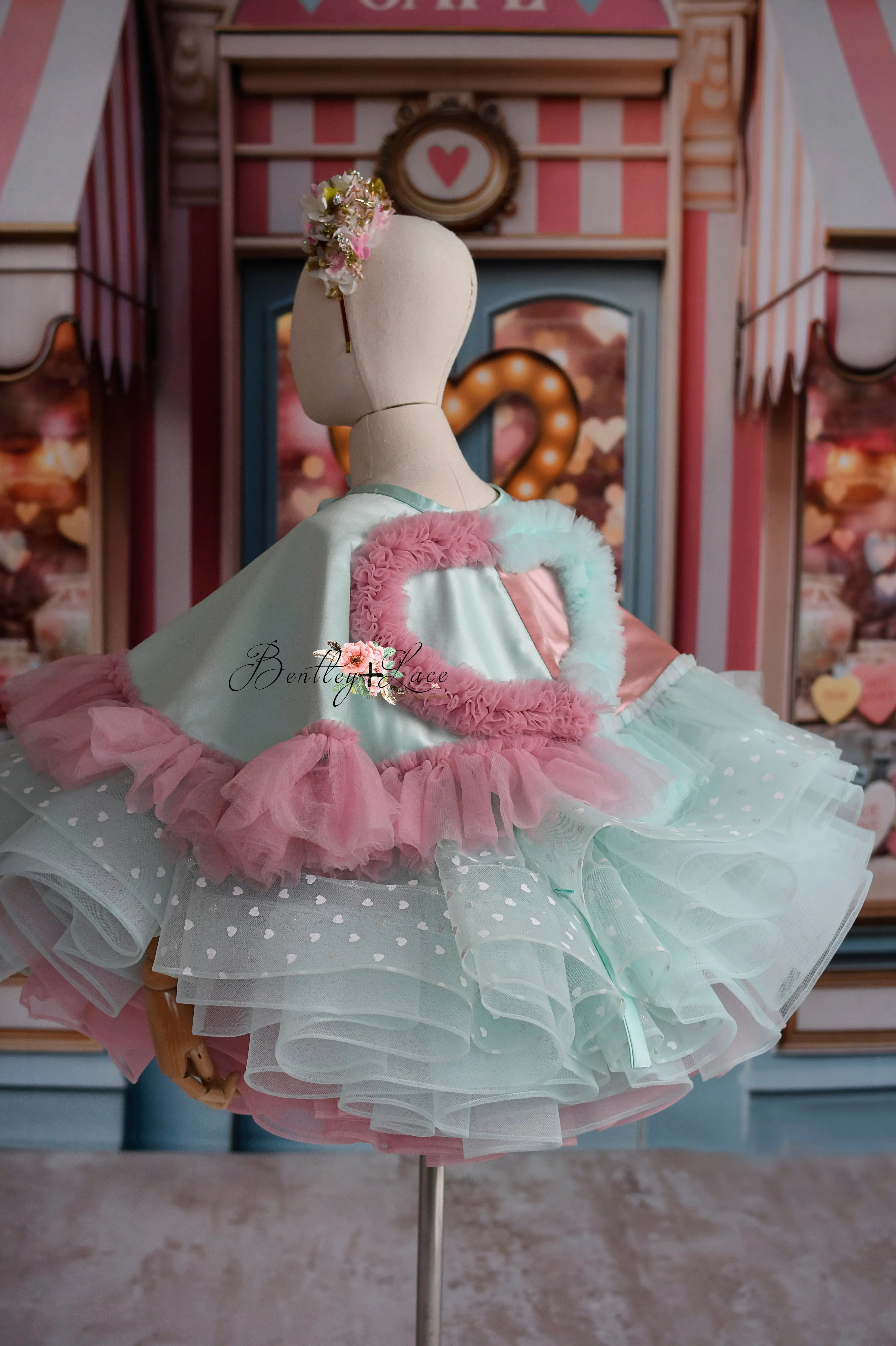 Sweet Talk - Seafoam Hearts- petal length dress  Heart CAPE (5 Year - 6 Year up to a petite 7 year)