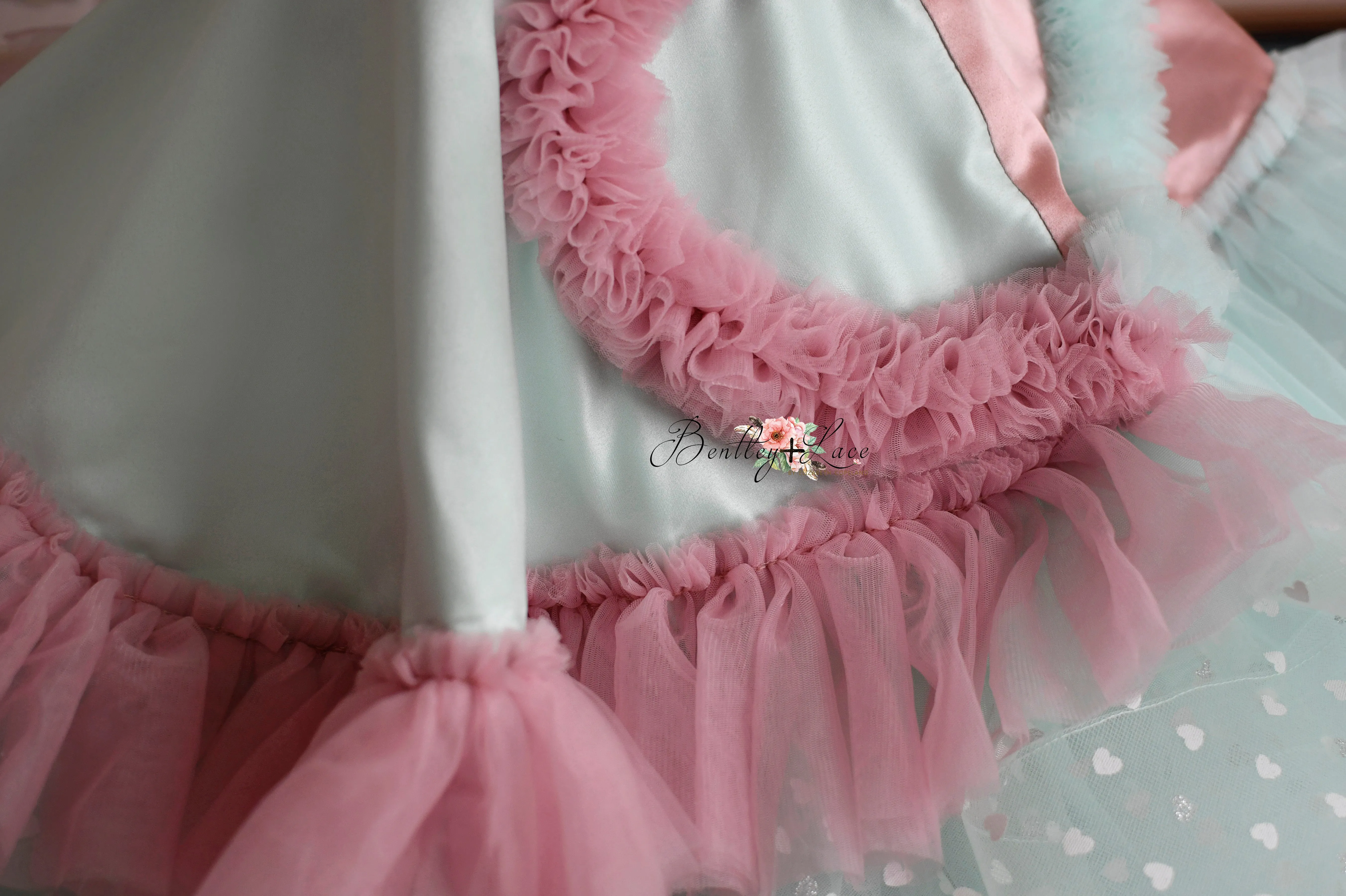 Sweet Talk - Seafoam Hearts- petal length dress  Heart CAPE (5 Year - 6 Year up to a petite 7 year)