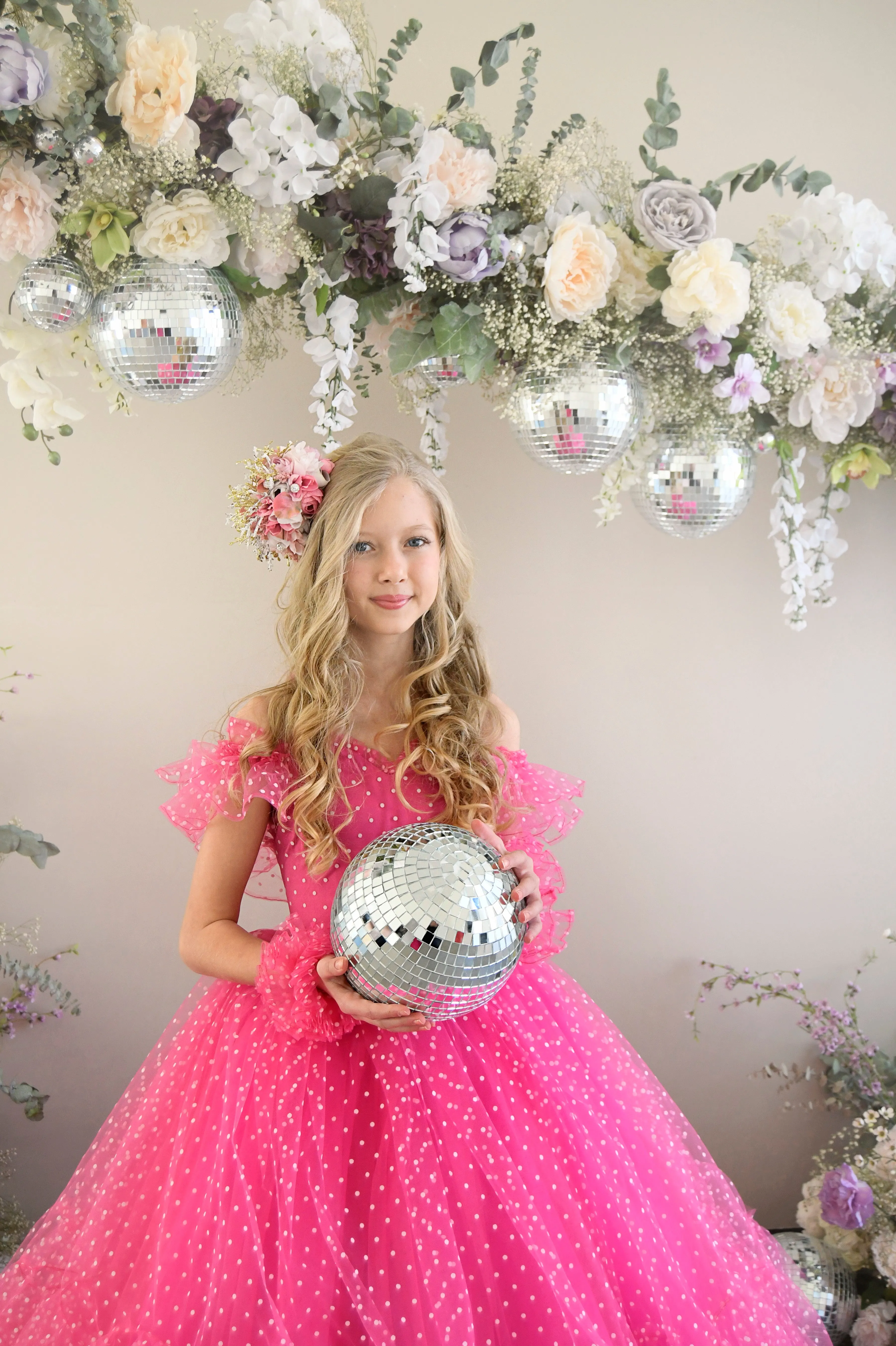 Swish Dots Couture Gown -pink- Floor length dress Wristlets   (8 Year - 9 Year up to a petite 10 year)