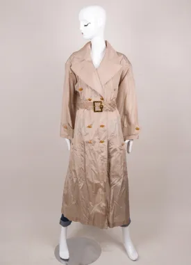Taupe Silk Belted Trench With Gold Elephant Buttons