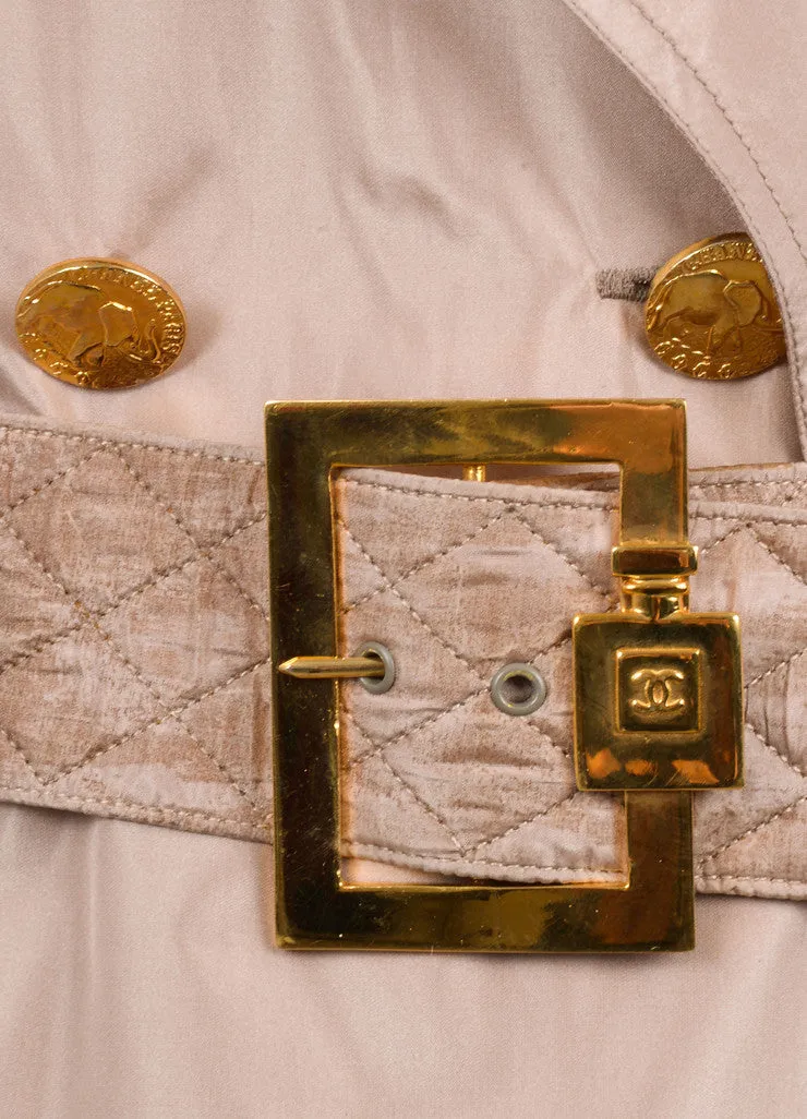 Taupe Silk Belted Trench With Gold Elephant Buttons