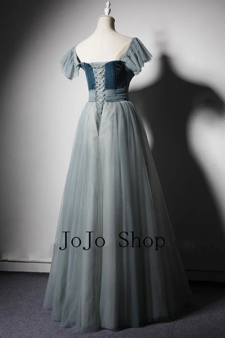 Teal Gray Velvet Formal Prom Dress ET3011
