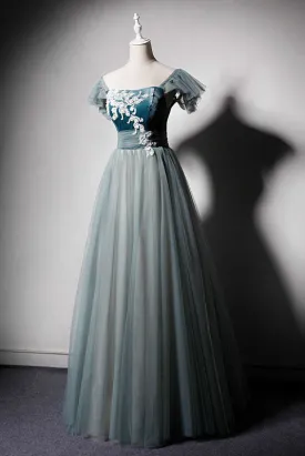 Teal Gray Velvet Formal Prom Dress ET3011