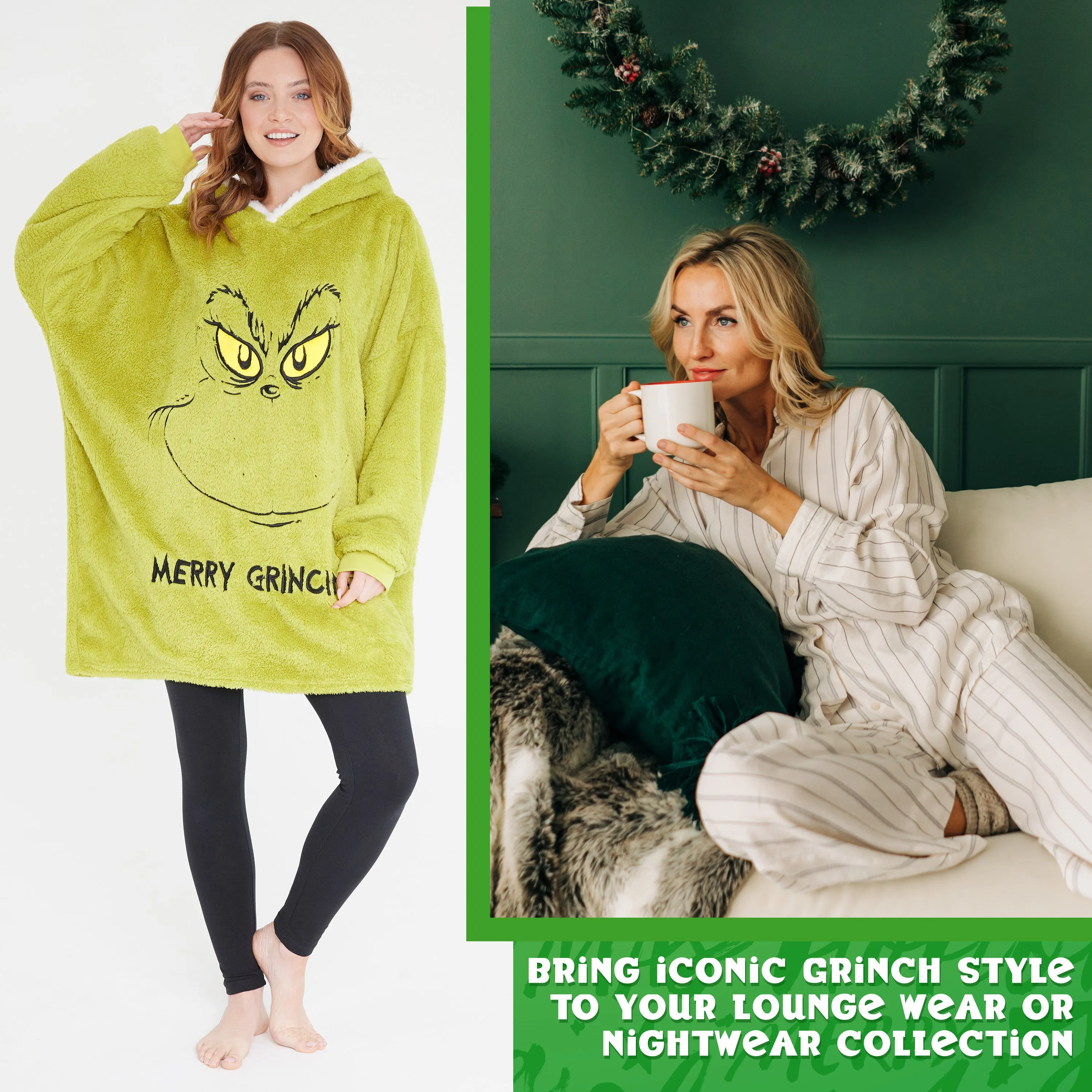 The Grinch Womens Oversized Fleece Hoodie, Cosy Loungewear - Gifts for Women Green