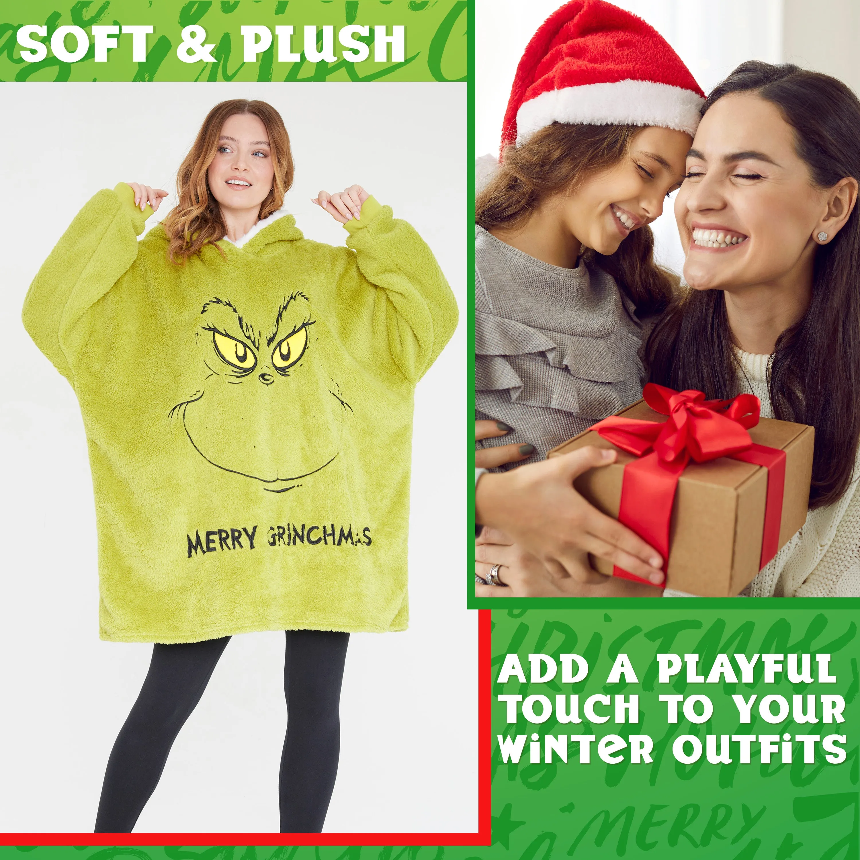 The Grinch Womens Oversized Fleece Hoodie, Cosy Loungewear - Gifts for Women Green
