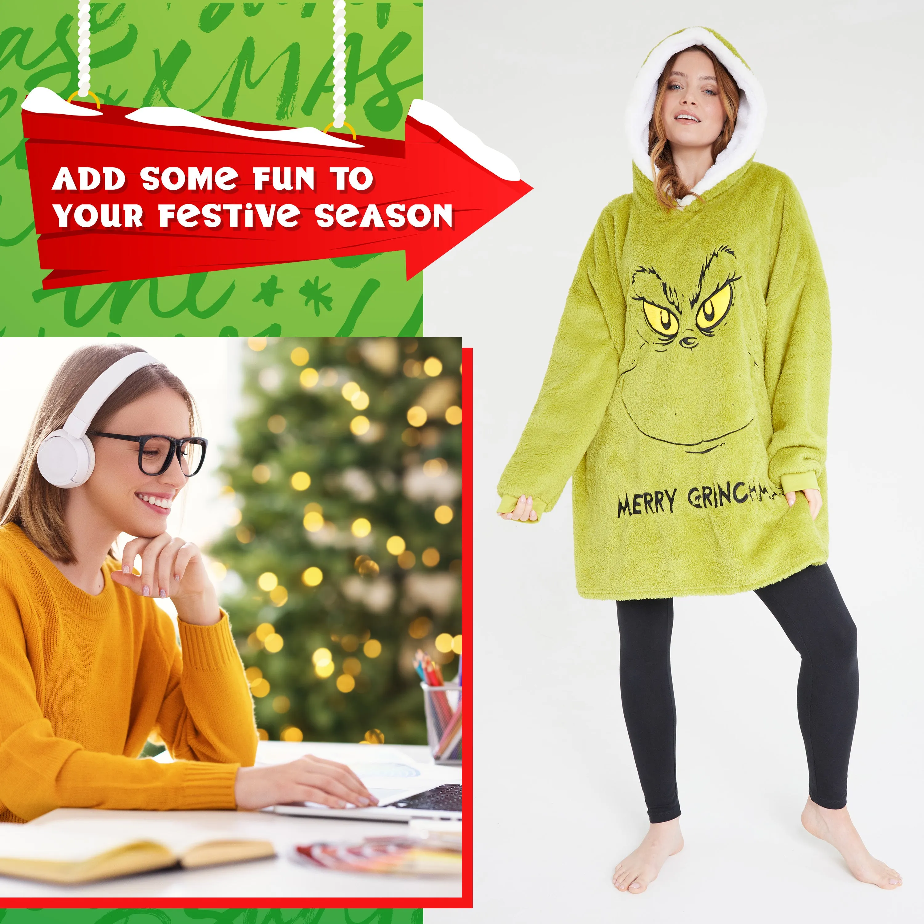 The Grinch Womens Oversized Fleece Hoodie, Cosy Loungewear - Gifts for Women Green