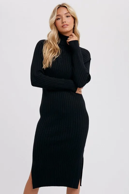Turtleneck Ribbed Sweater Midi Dress Black