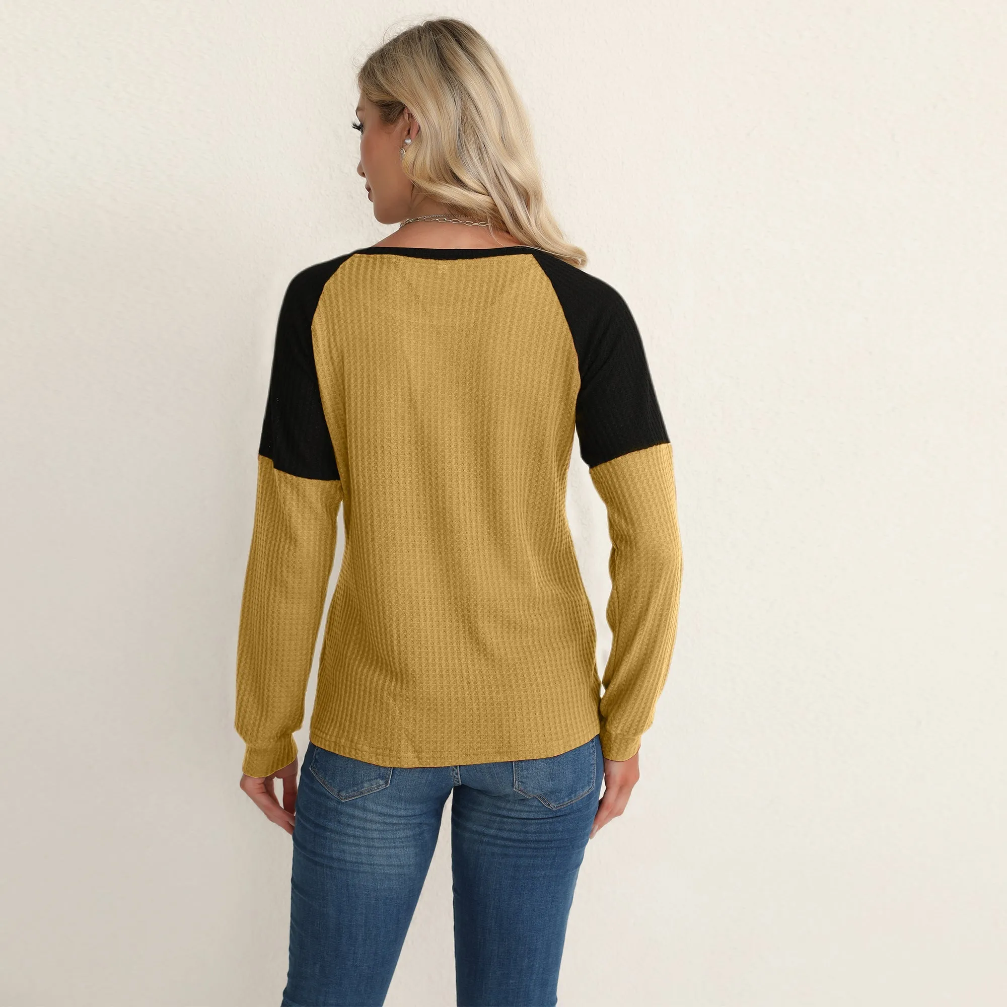 Two Tone Waffle Knit Crewneck Sweater