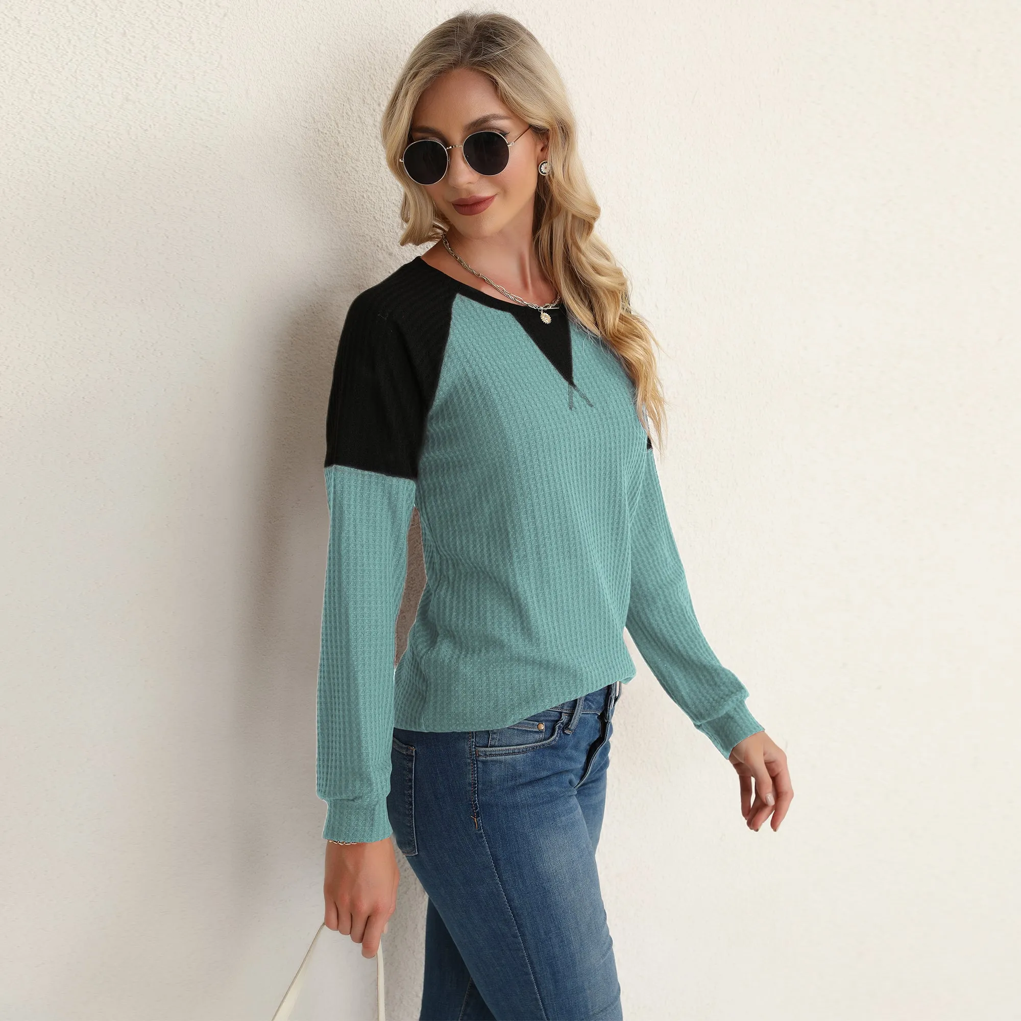 Two Tone Waffle Knit Crewneck Sweater