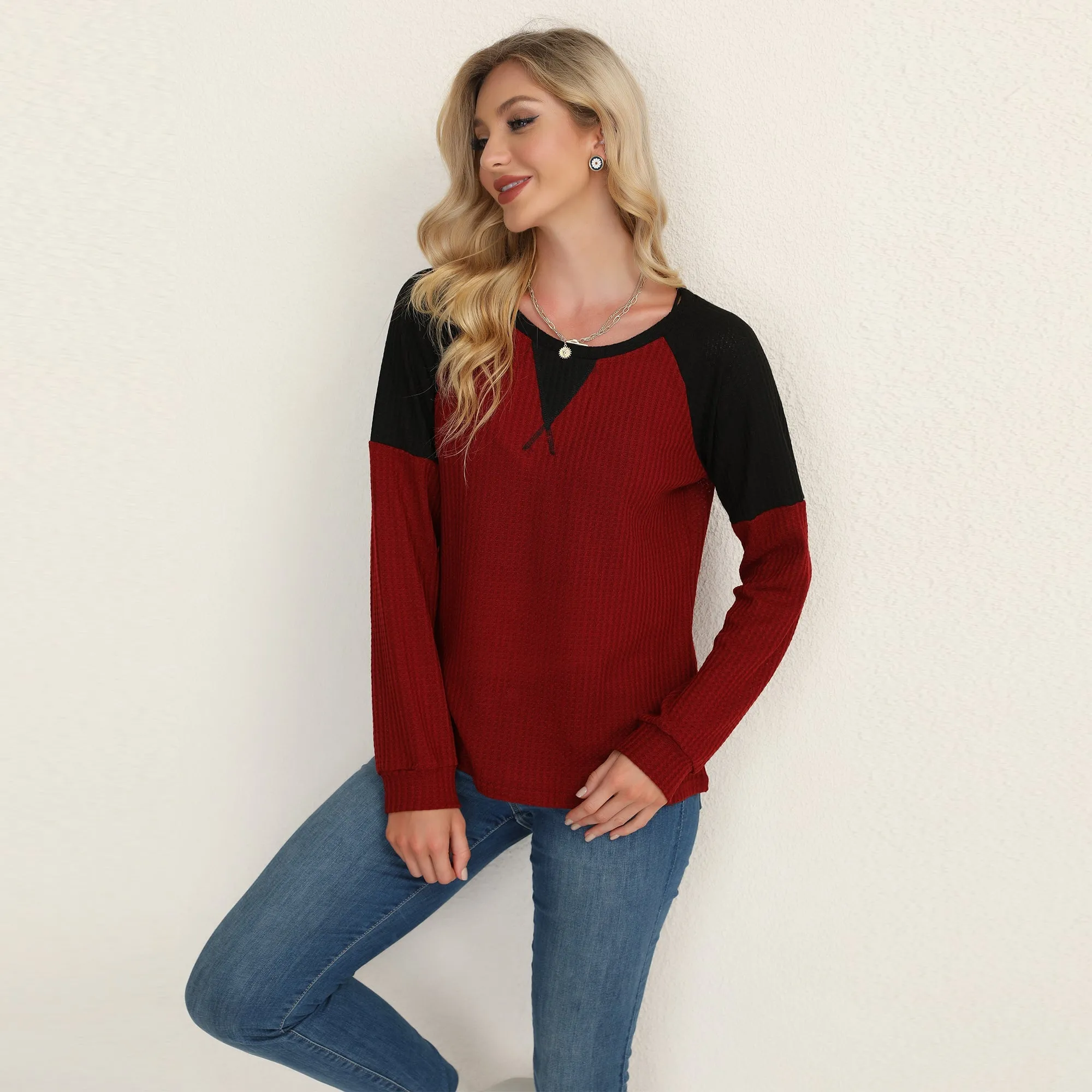 Two Tone Waffle Knit Crewneck Sweater