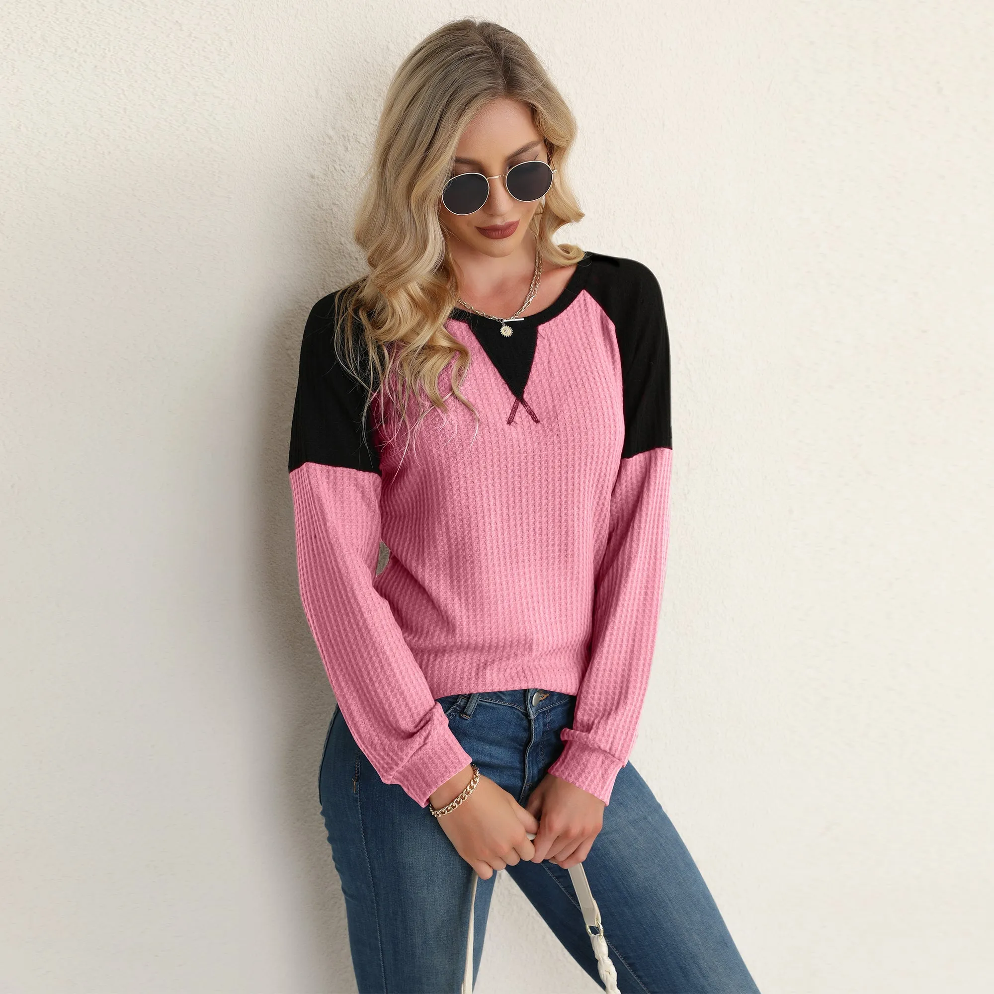 Two Tone Waffle Knit Crewneck Sweater