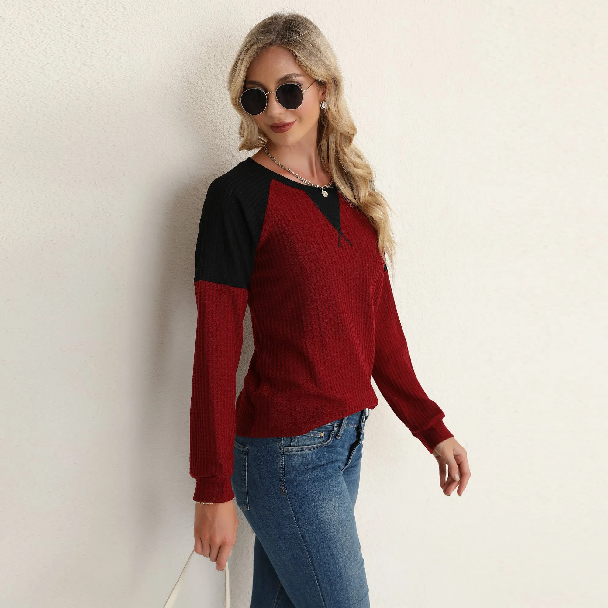 Two Tone Waffle Knit Crewneck Sweater