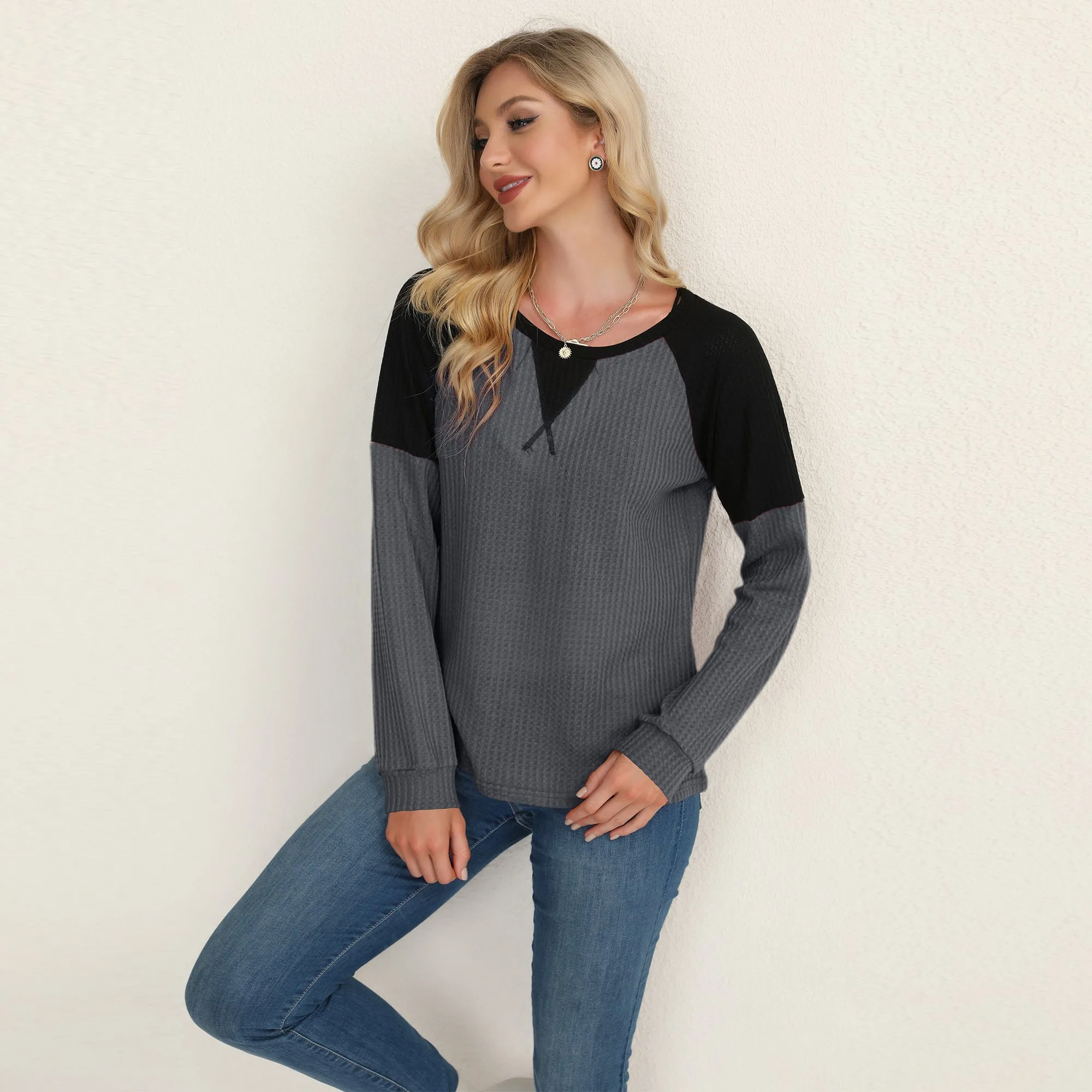 Two Tone Waffle Knit Crewneck Sweater