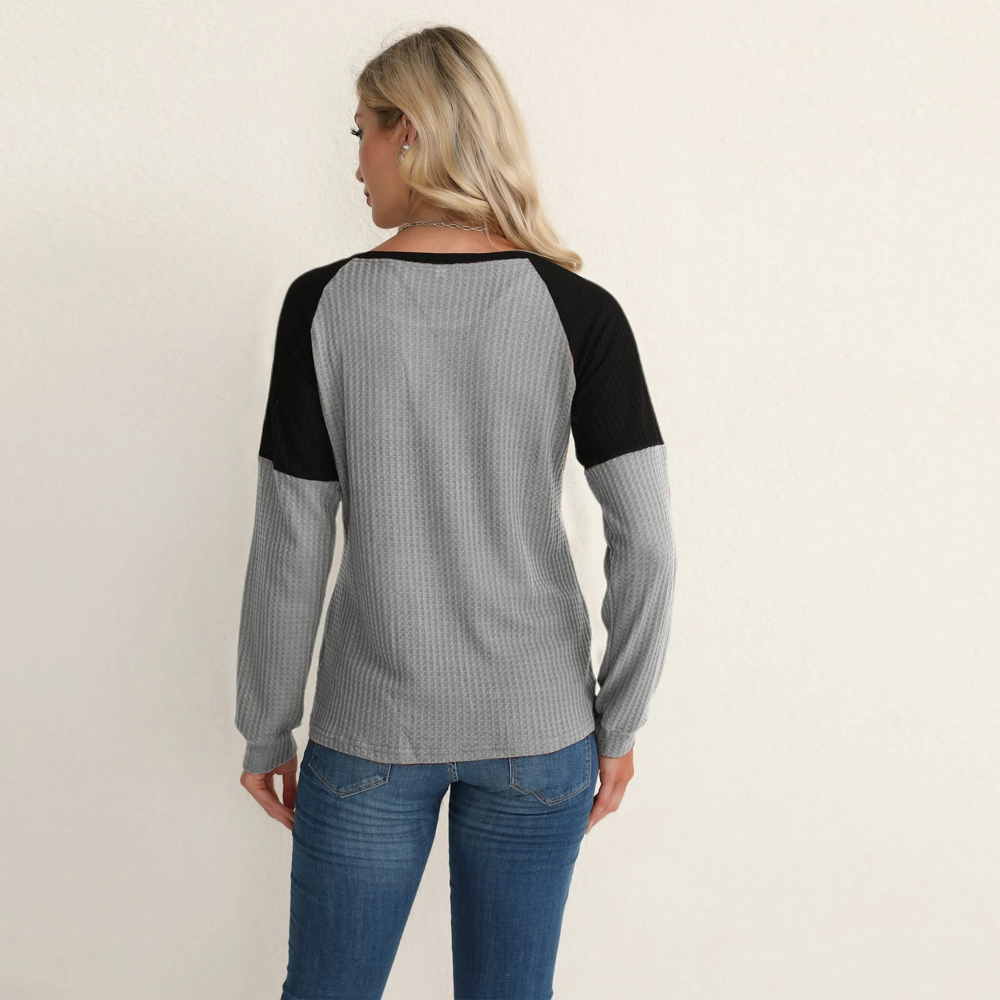 Two Tone Waffle Knit Crewneck Sweater