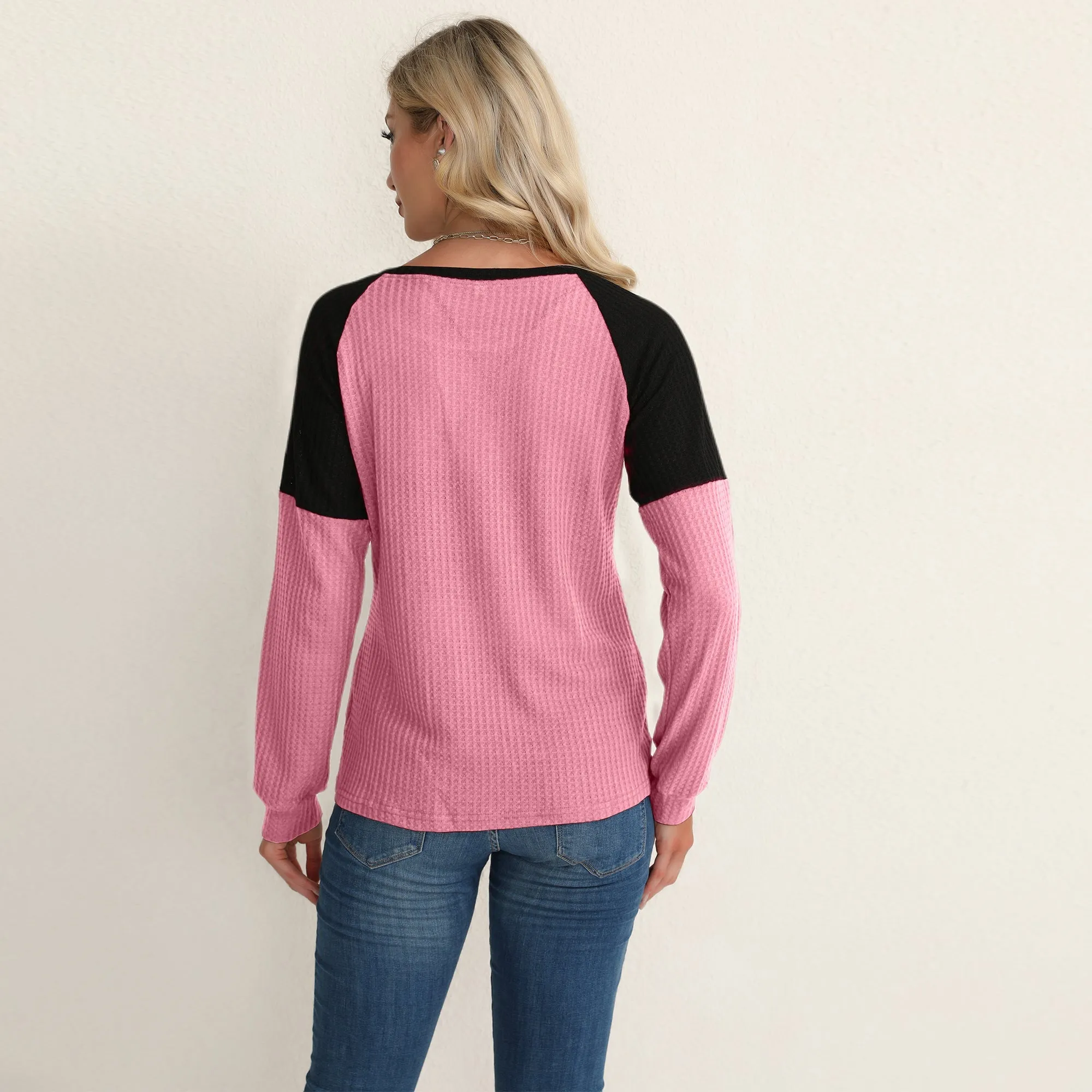 Two Tone Waffle Knit Crewneck Sweater