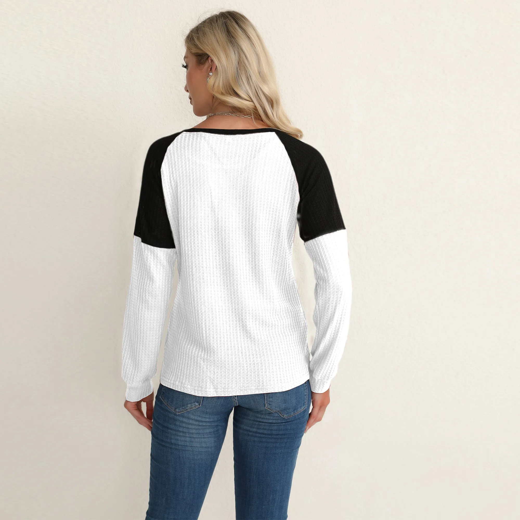 Two Tone Waffle Knit Crewneck Sweater