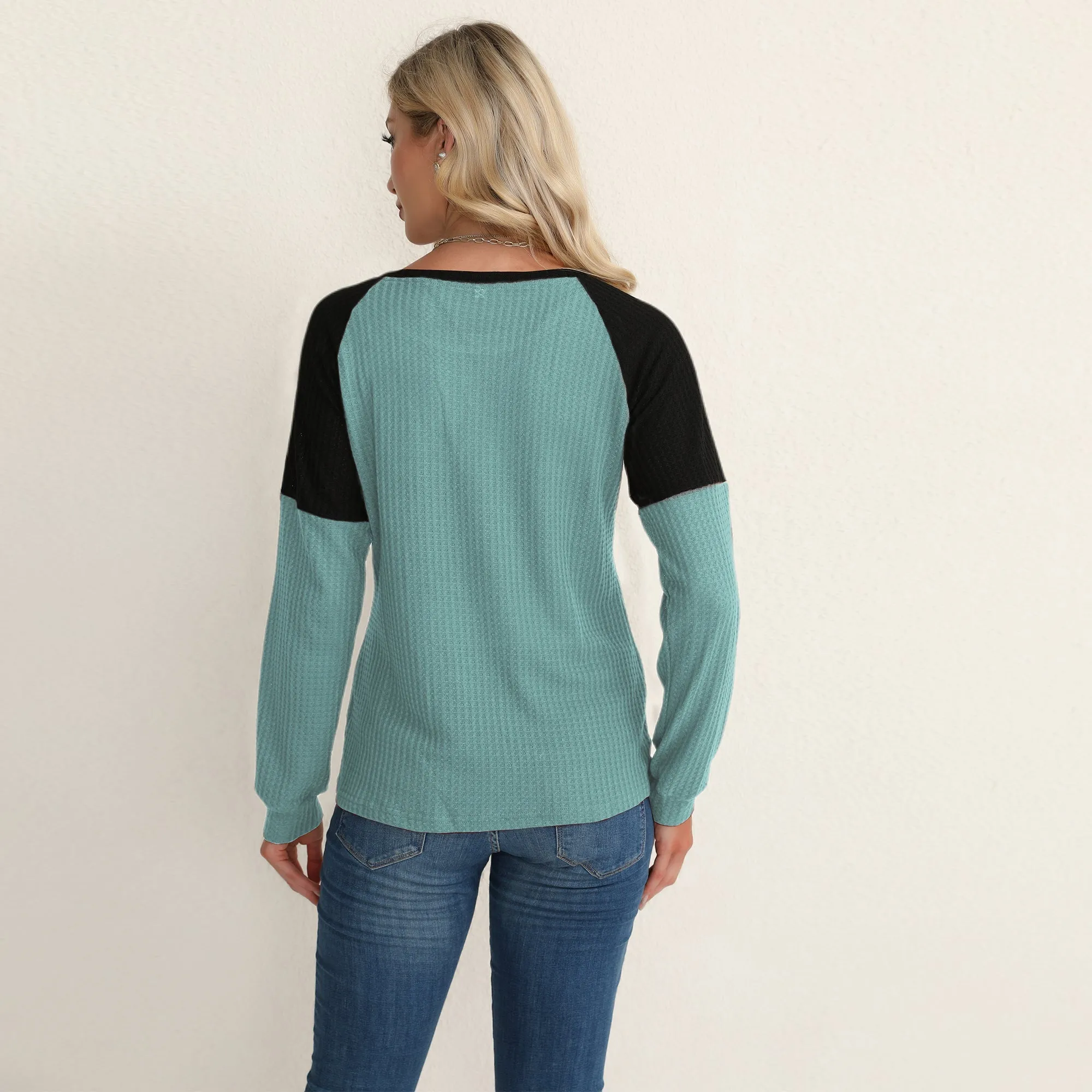 Two Tone Waffle Knit Crewneck Sweater