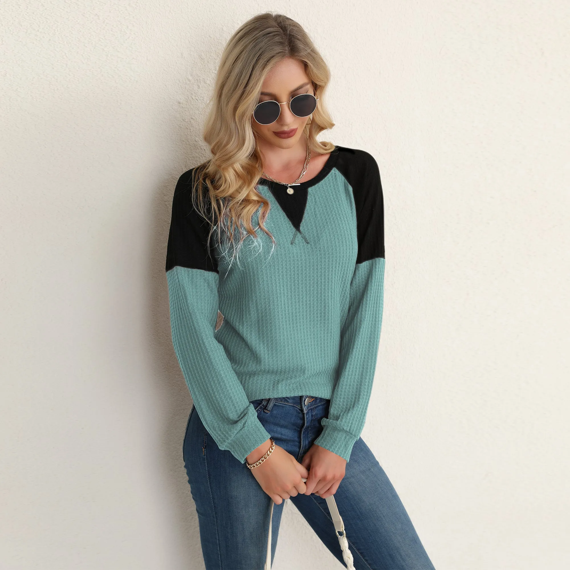 Two Tone Waffle Knit Crewneck Sweater