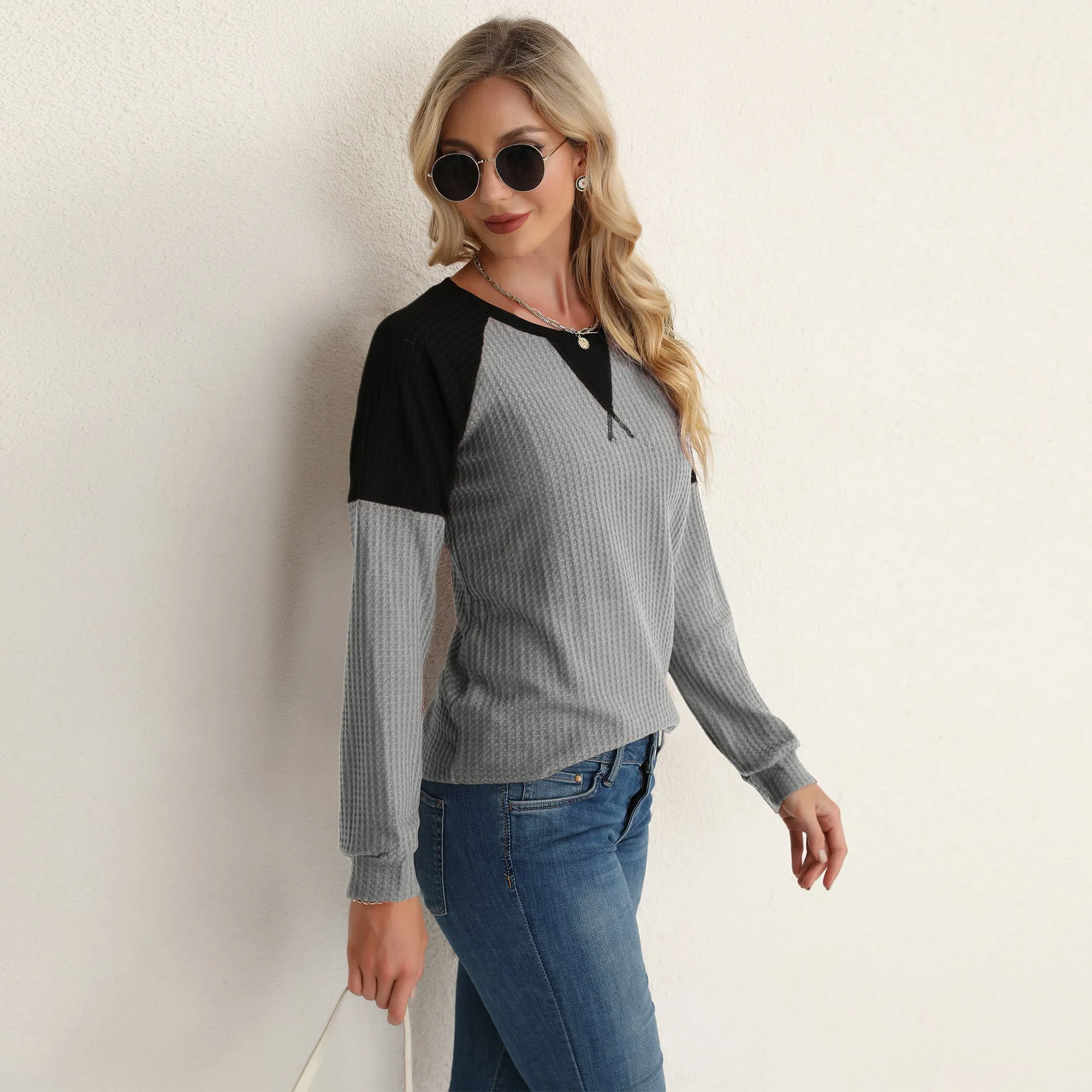 Two Tone Waffle Knit Crewneck Sweater