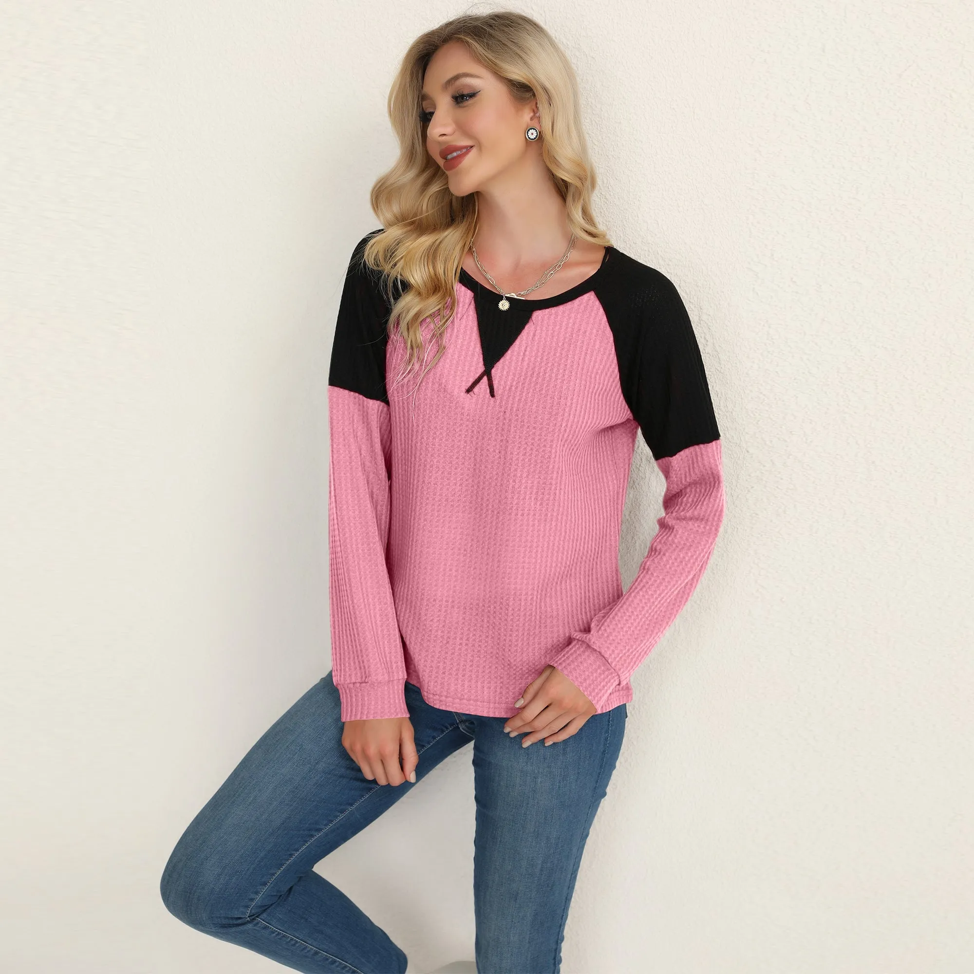 Two Tone Waffle Knit Crewneck Sweater
