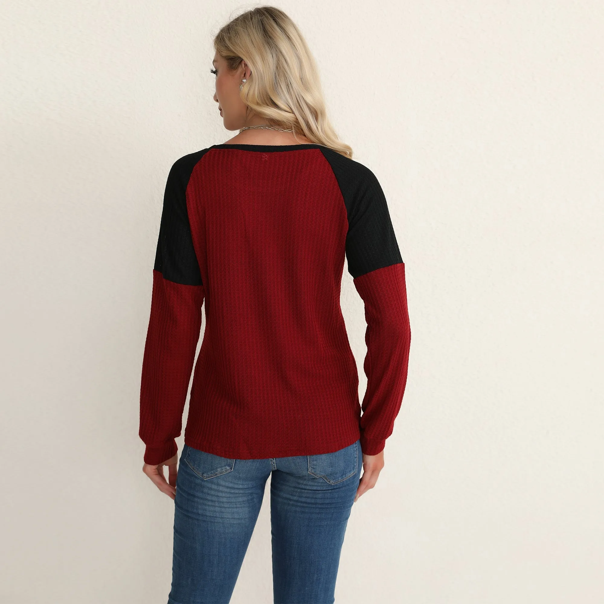 Two Tone Waffle Knit Crewneck Sweater