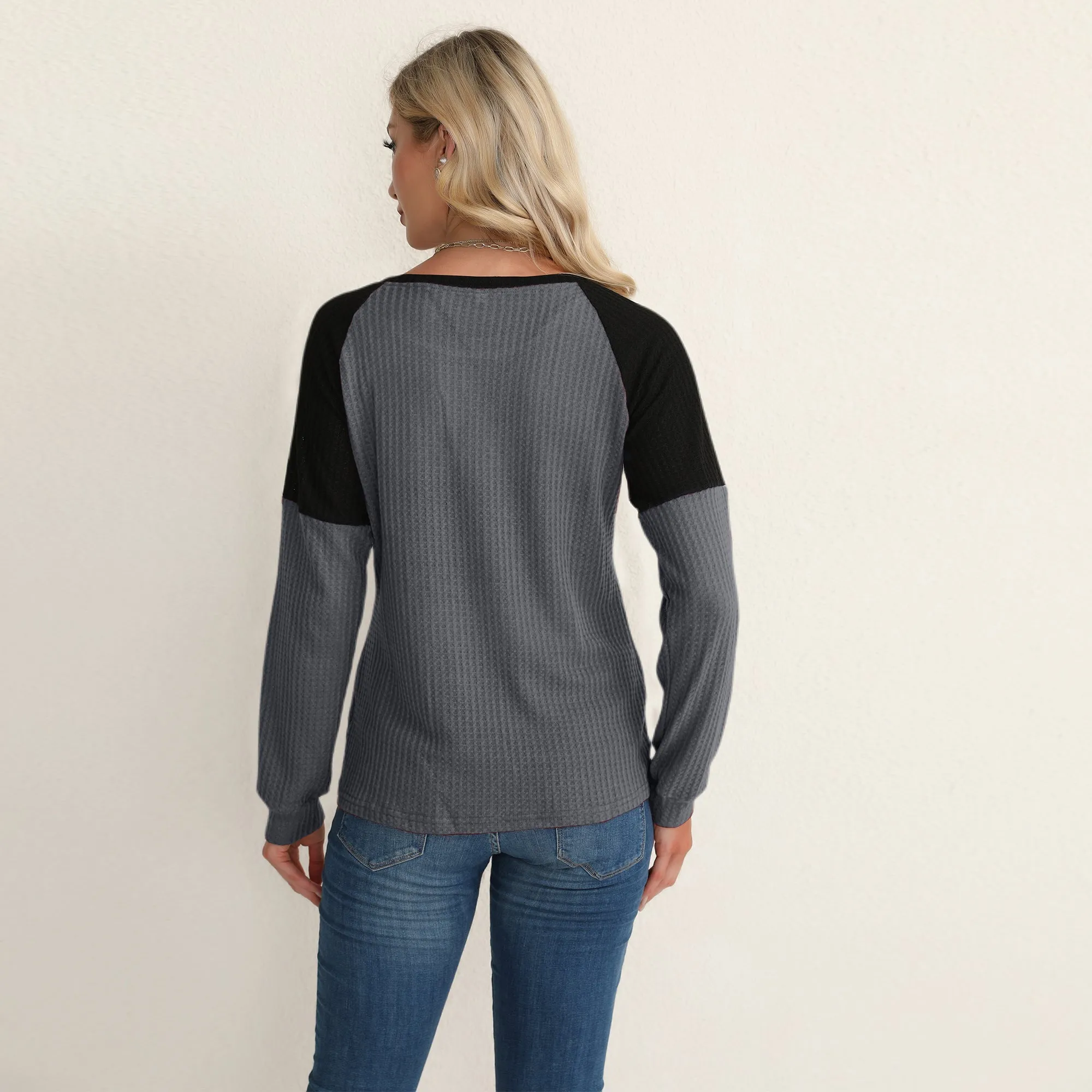 Two Tone Waffle Knit Crewneck Sweater