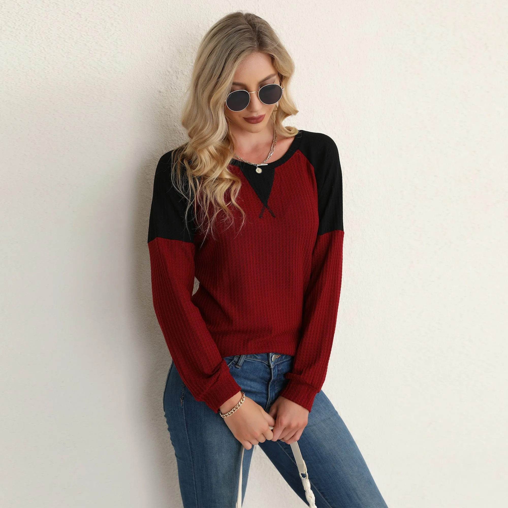 Two Tone Waffle Knit Crewneck Sweater