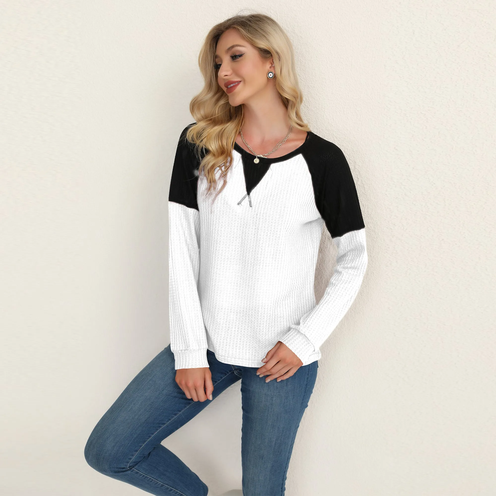 Two Tone Waffle Knit Crewneck Sweater