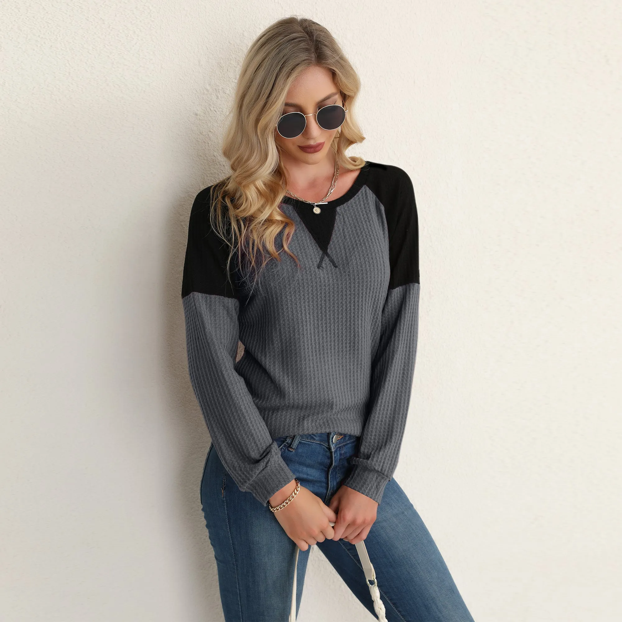 Two Tone Waffle Knit Crewneck Sweater