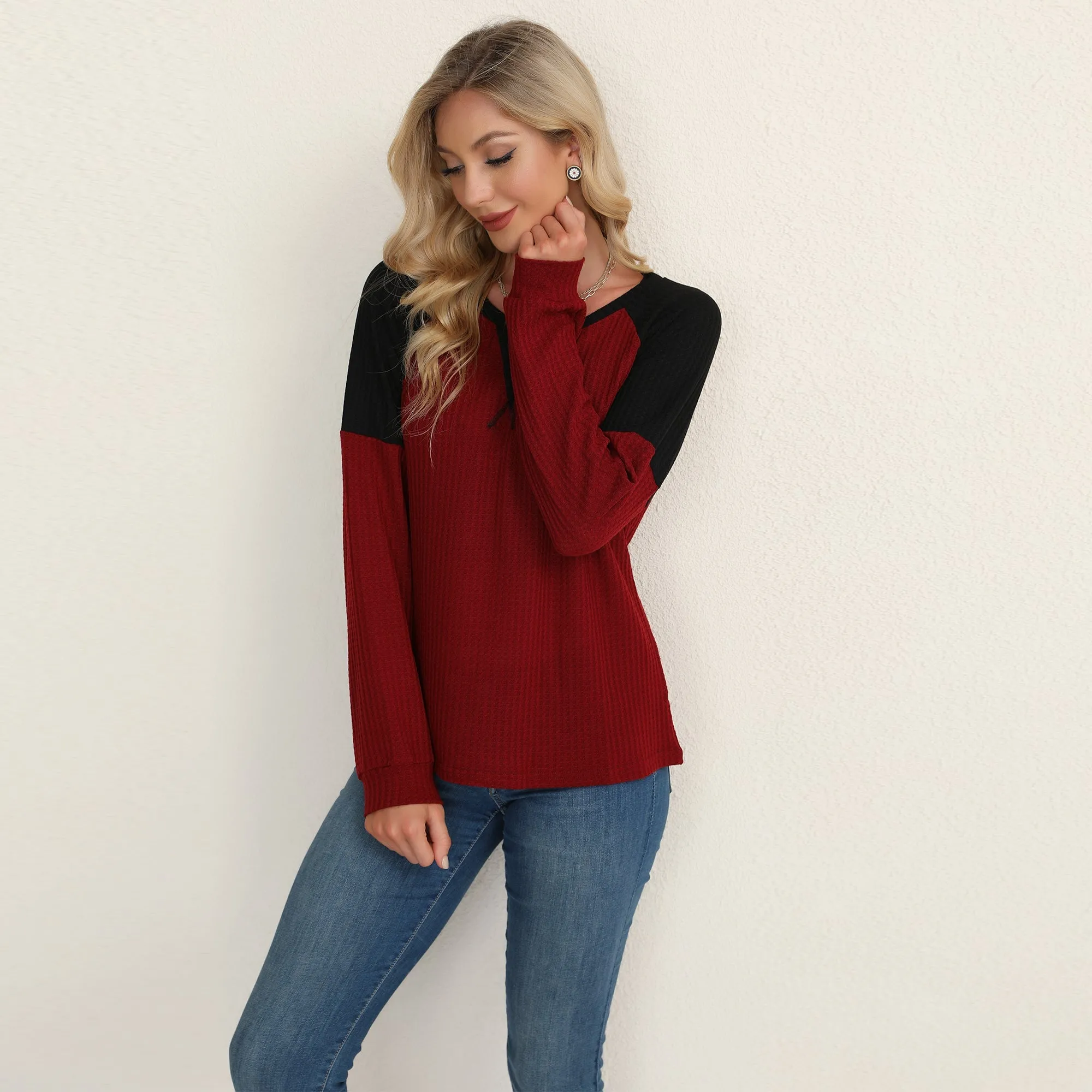 Two Tone Waffle Knit Crewneck Sweater