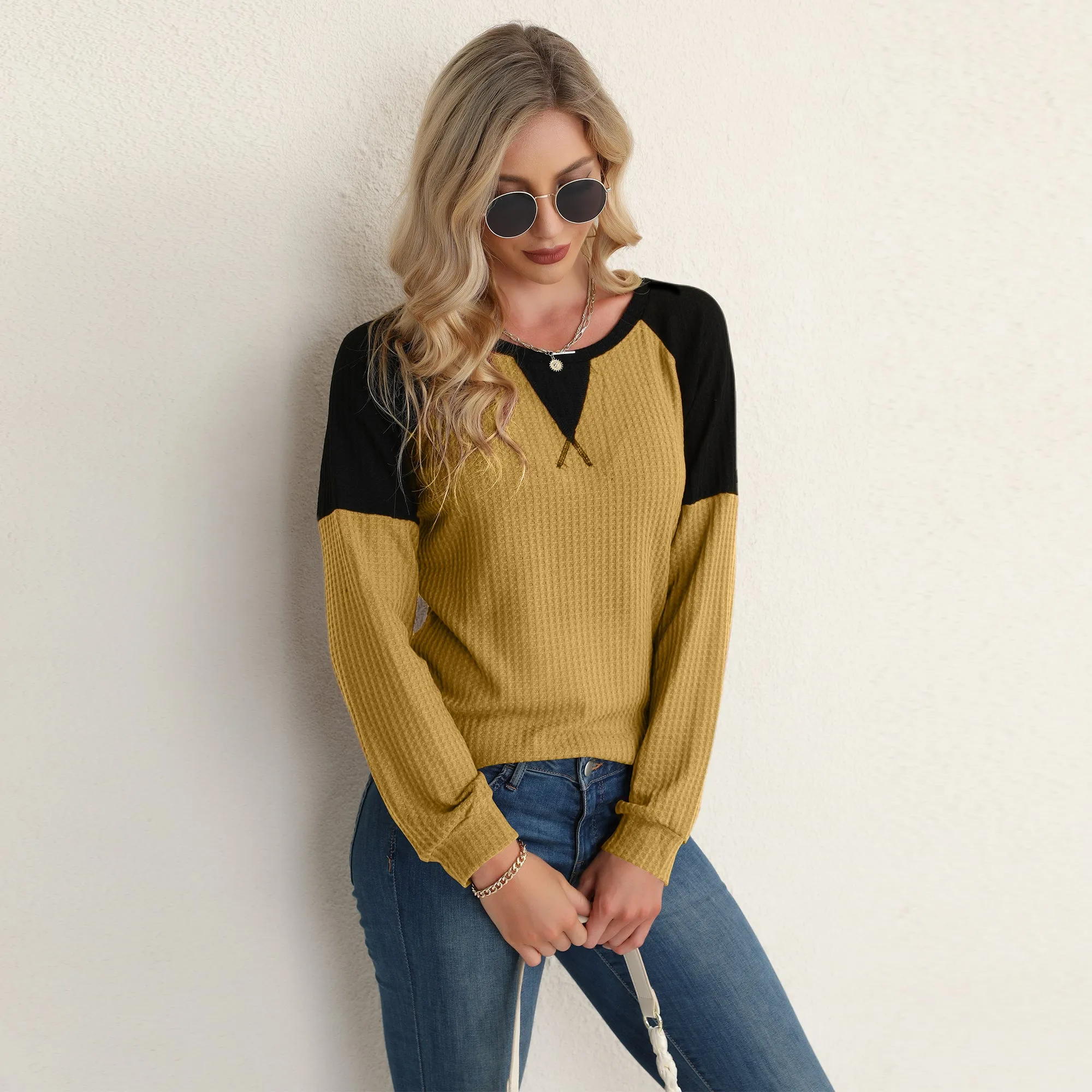 Two Tone Waffle Knit Crewneck Sweater