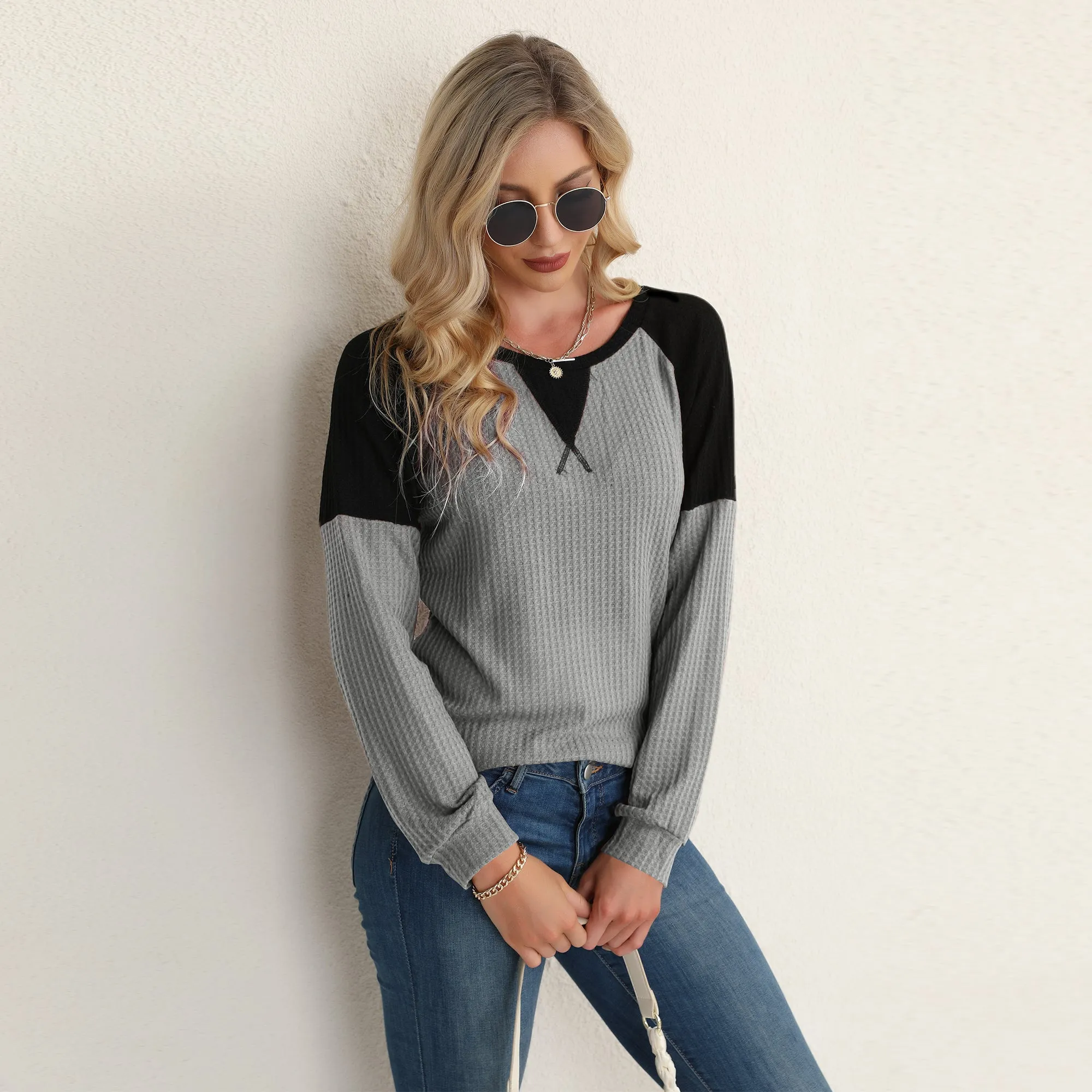 Two Tone Waffle Knit Crewneck Sweater