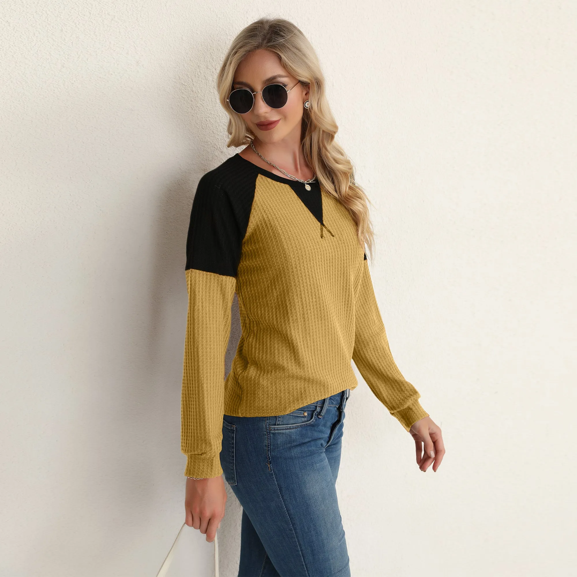 Two Tone Waffle Knit Crewneck Sweater