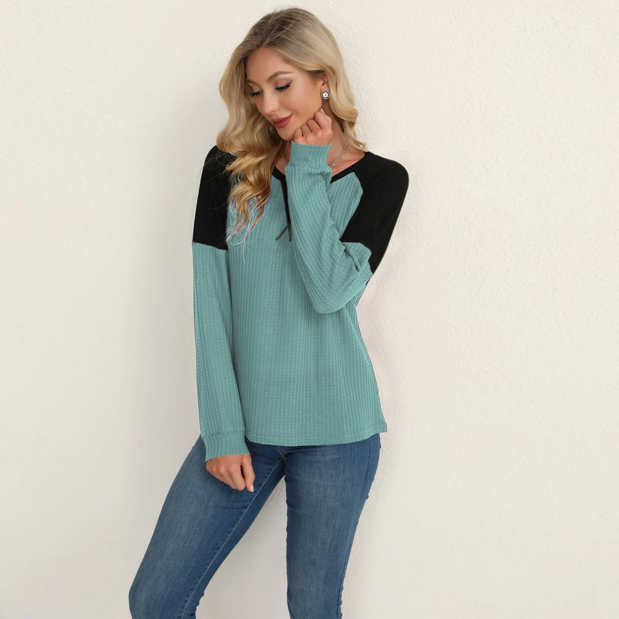 Two Tone Waffle Knit Crewneck Sweater