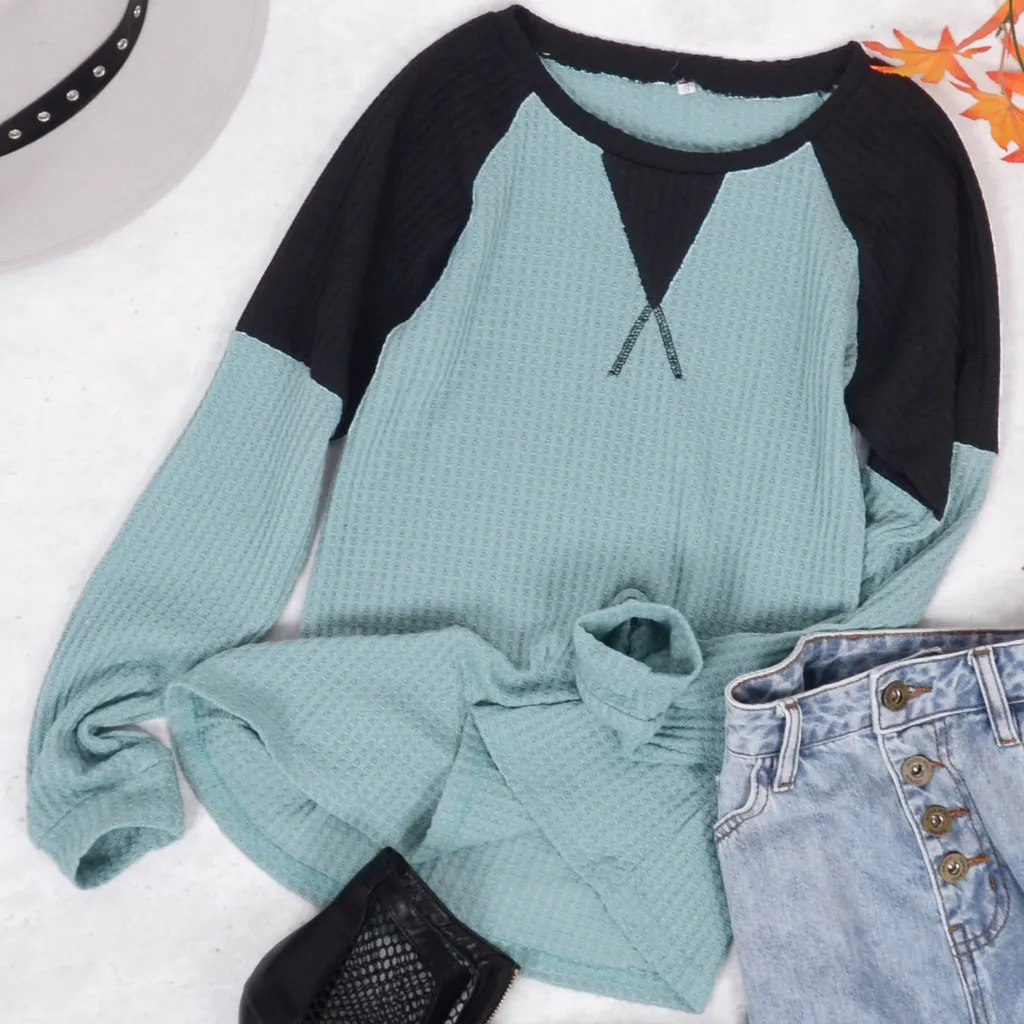 Two Tone Waffle Knit Crewneck Sweater
