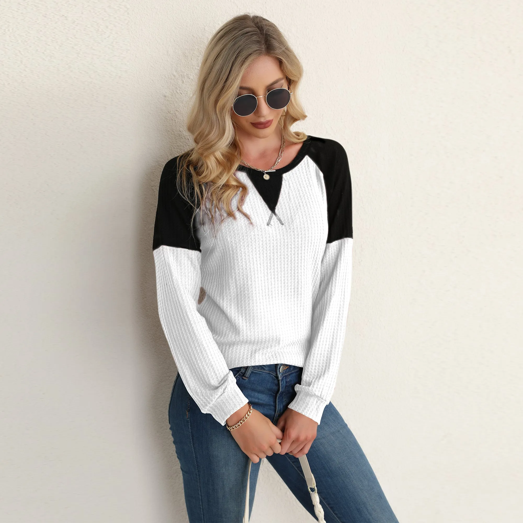 Two Tone Waffle Knit Crewneck Sweater