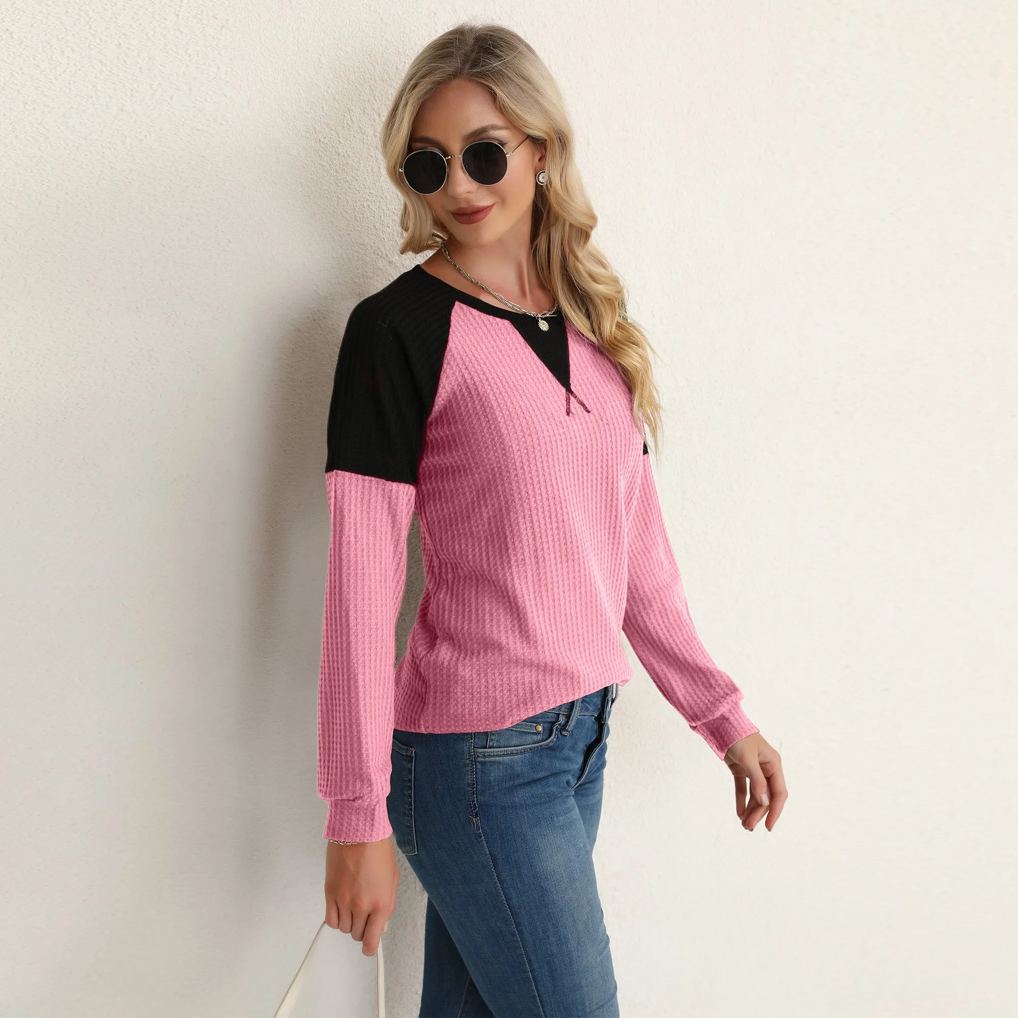 Two Tone Waffle Knit Crewneck Sweater