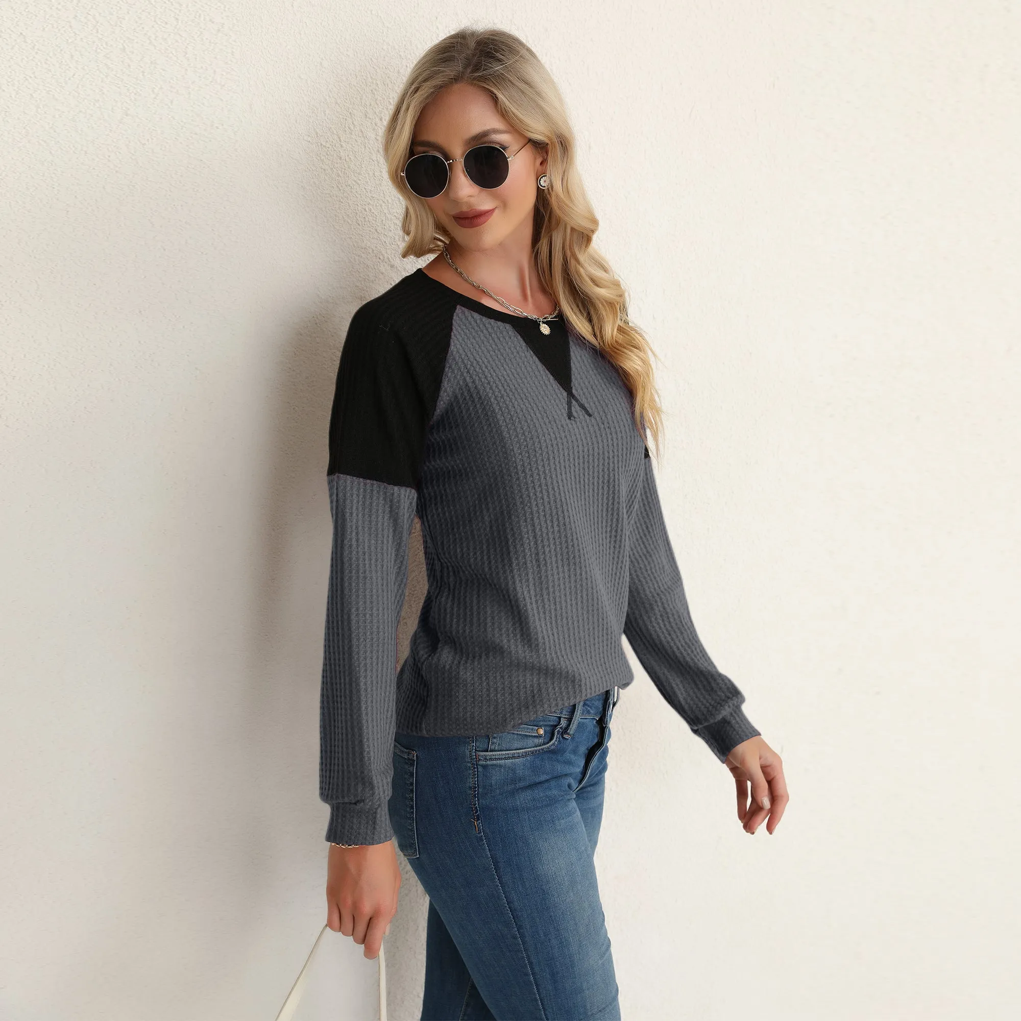 Two Tone Waffle Knit Crewneck Sweater