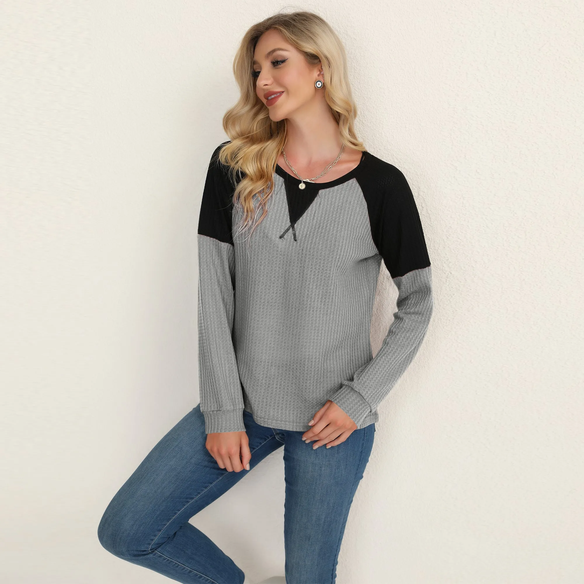 Two Tone Waffle Knit Crewneck Sweater